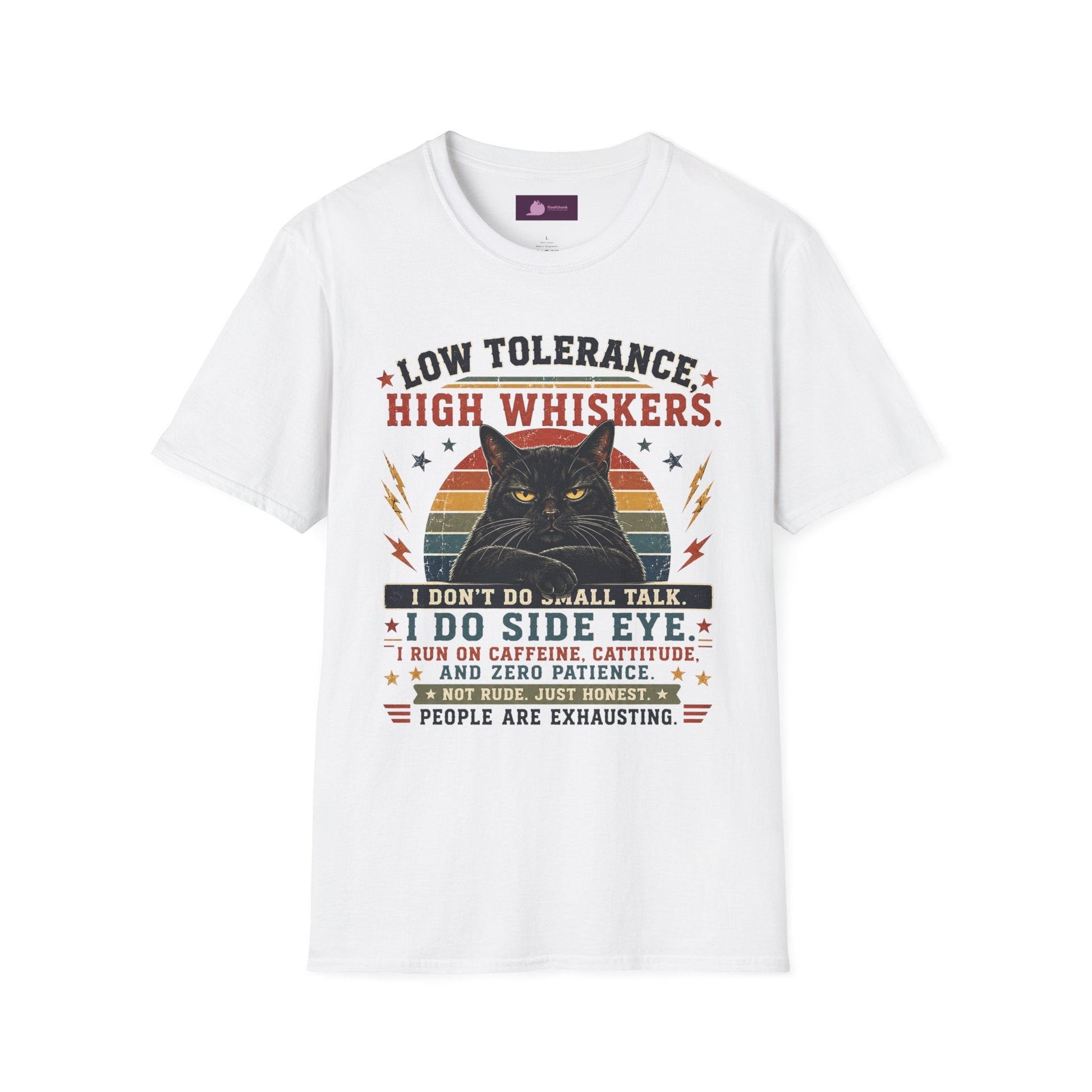 Cat T-Shirt — "Low Tolerance, High Whiskers" Vintage Black Cat Graphic Tee - FloofChonk