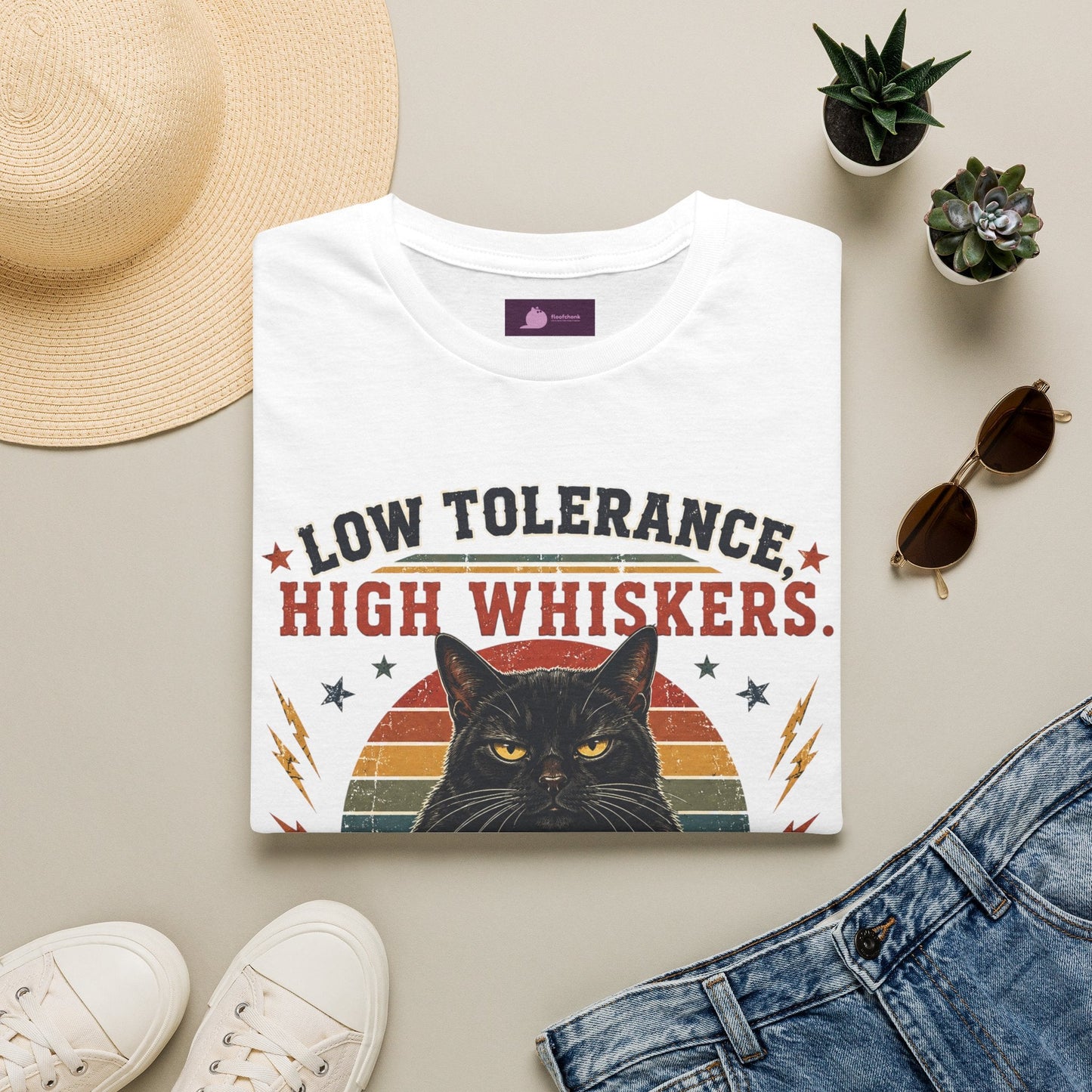 Cat T-Shirt — "Low Tolerance, High Whiskers" Vintage Black Cat Graphic Tee - FloofChonk