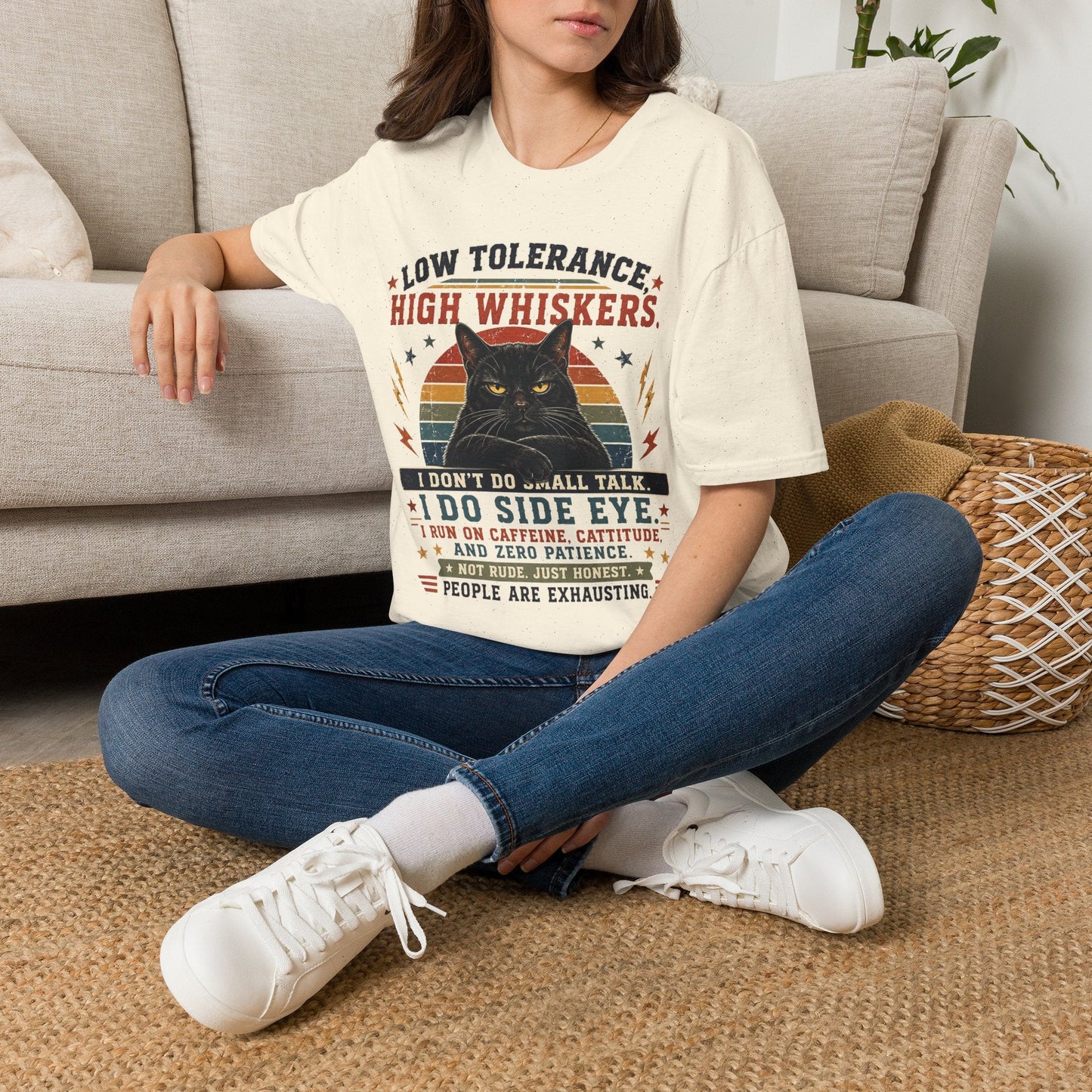 Cat T-Shirt — "Low Tolerance, High Whiskers" Vintage Black Cat Graphic Tee - FloofChonk