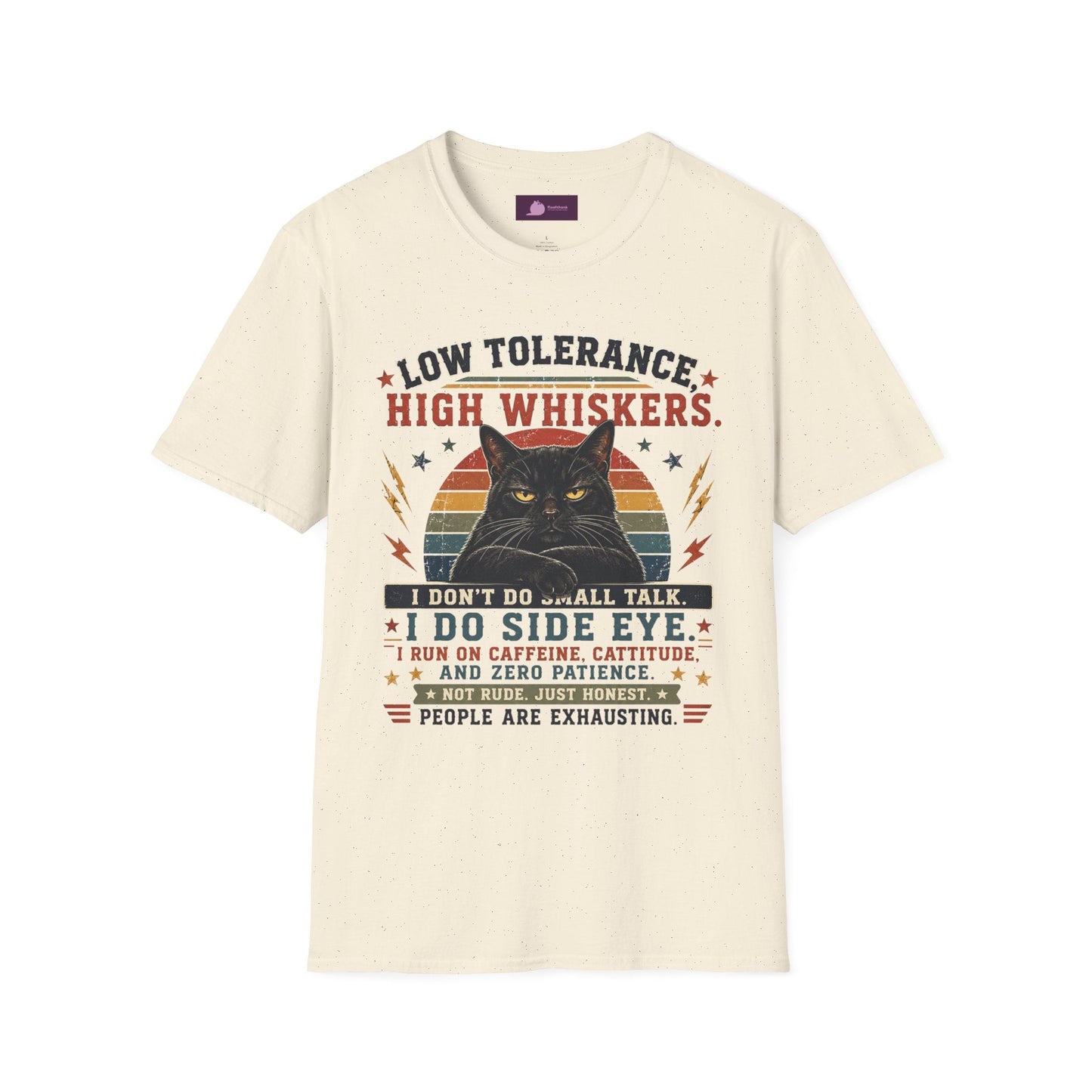 Cat T-Shirt — "Low Tolerance, High Whiskers" Vintage Black Cat Graphic Tee - FloofChonk