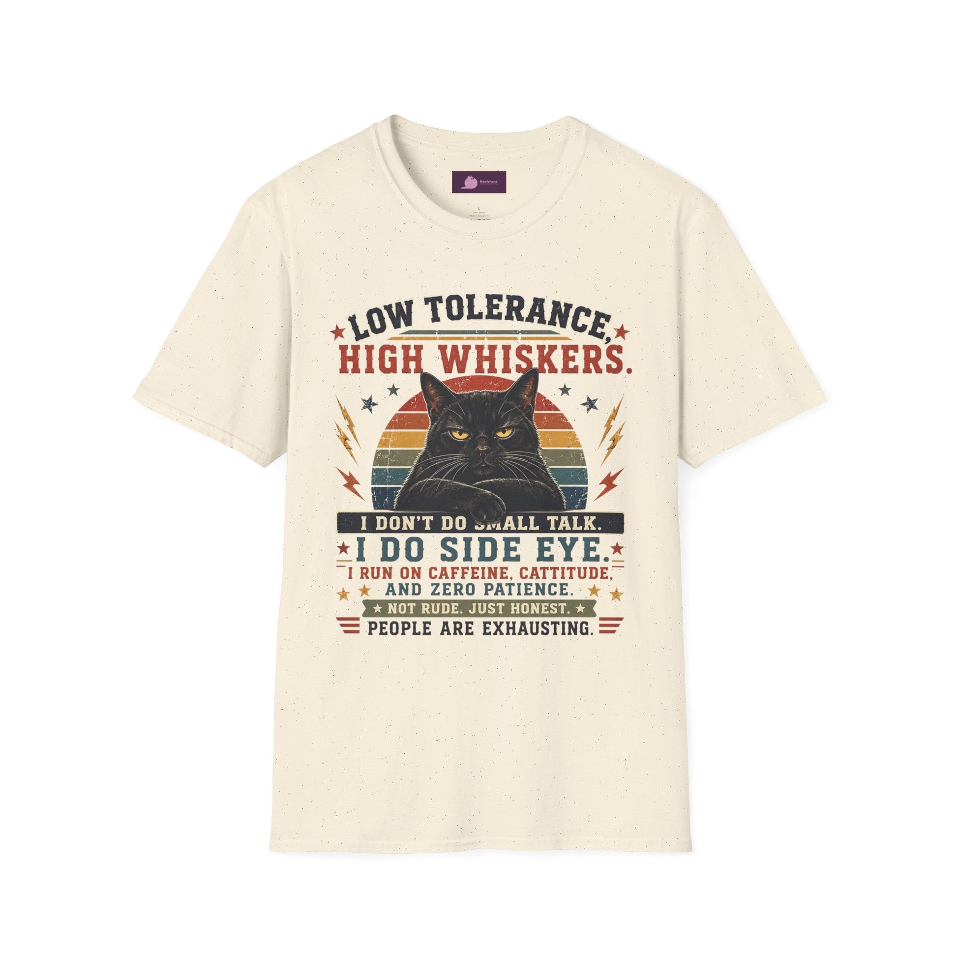 Cat T-Shirt — "Low Tolerance, High Whiskers" Vintage Black Cat Graphic Tee - FloofChonk