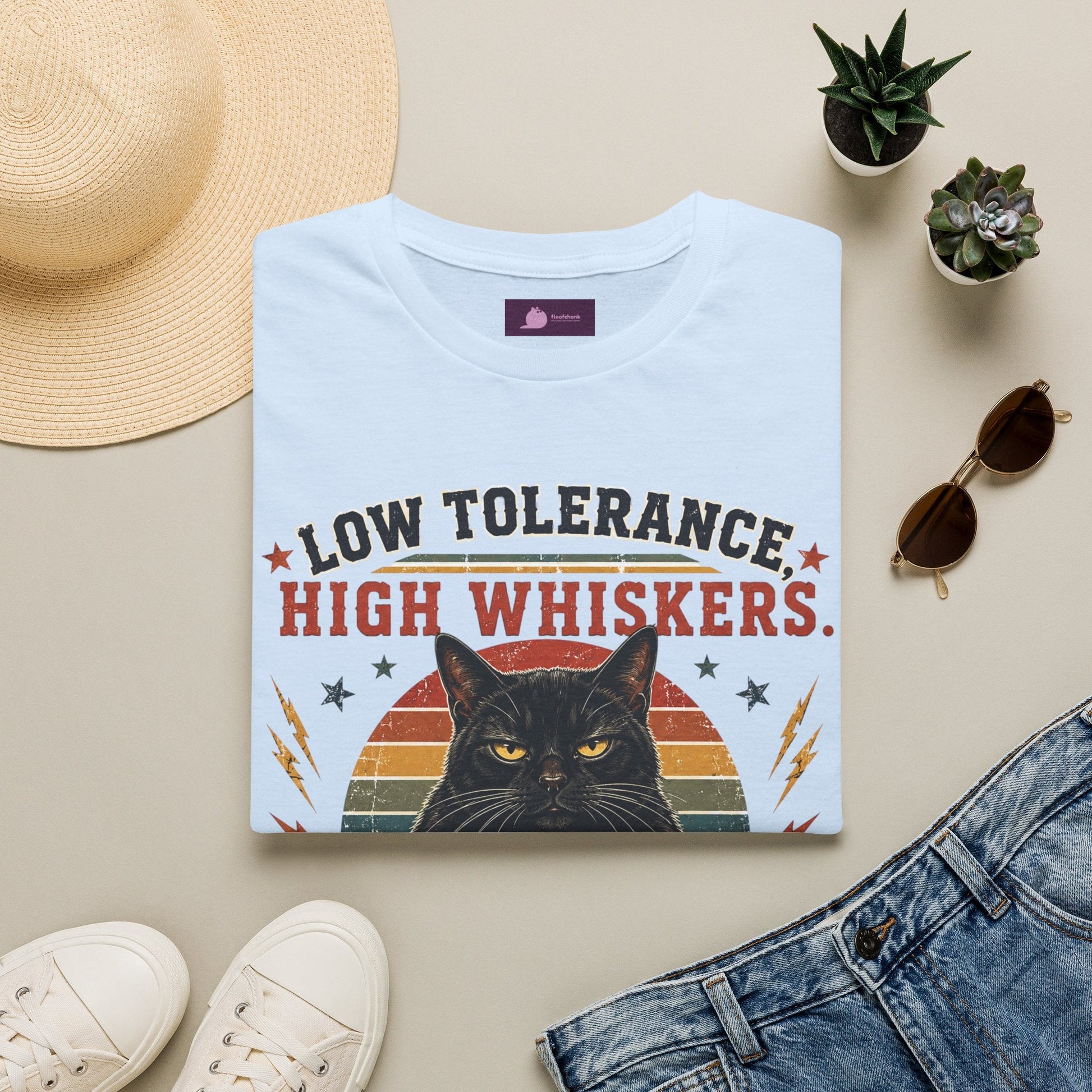 Cat T-Shirt — "Low Tolerance, High Whiskers" Vintage Black Cat Graphic Tee - FloofChonk