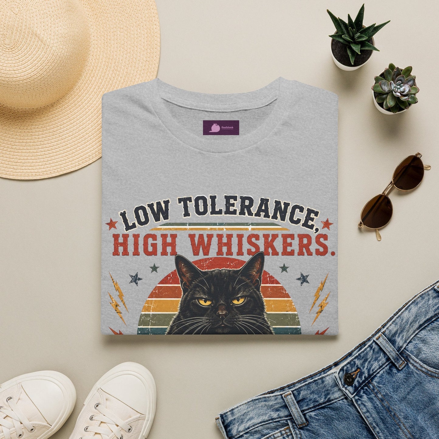 Cat T-Shirt — "Low Tolerance, High Whiskers" Vintage Black Cat Graphic Tee - FloofChonk