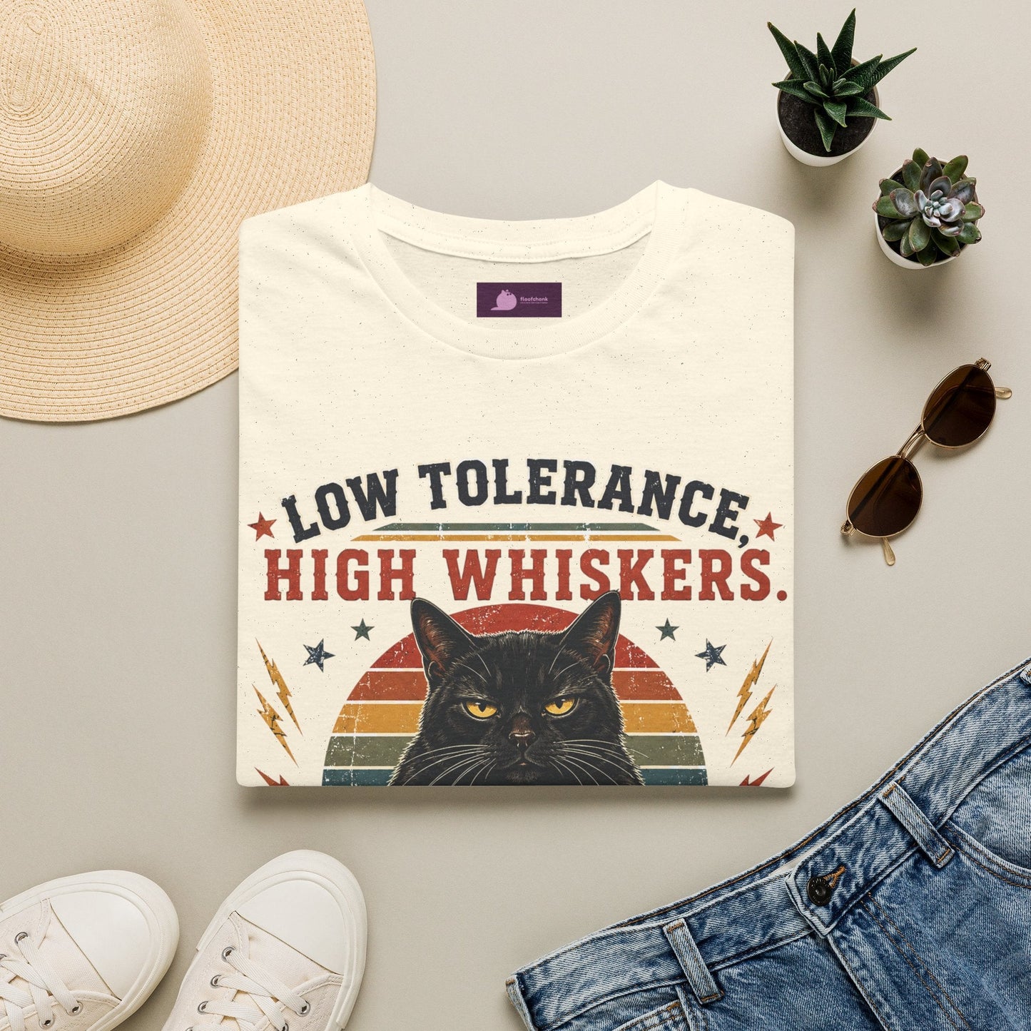 Cat T-Shirt — "Low Tolerance, High Whiskers" Vintage Black Cat Graphic Tee - FloofChonk
