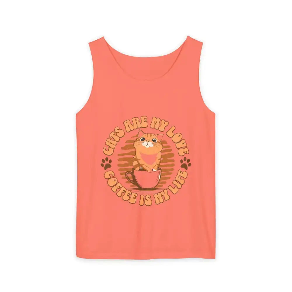 Cat Tank Top - Summer Vibes Unisex Garment-Dyed Tank Top - Bright Salmon / S - Tank Top