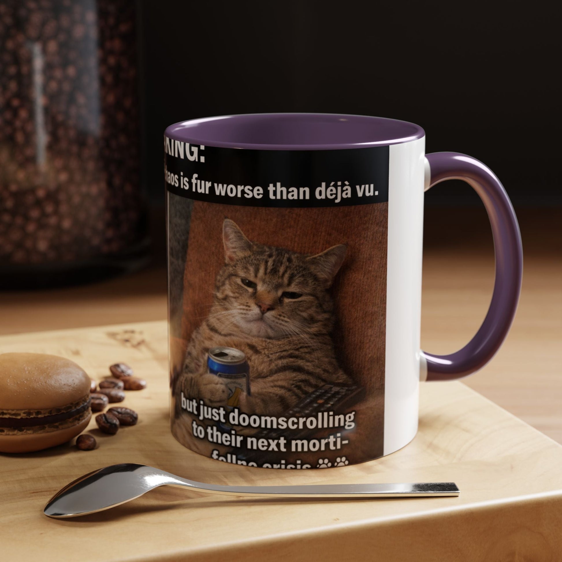 Coffee Mug - Funny Cat ‘Breaking: Politics Are Just Déjà Vu’ Meme Accent Mug (11/15oz) - FloofChonk