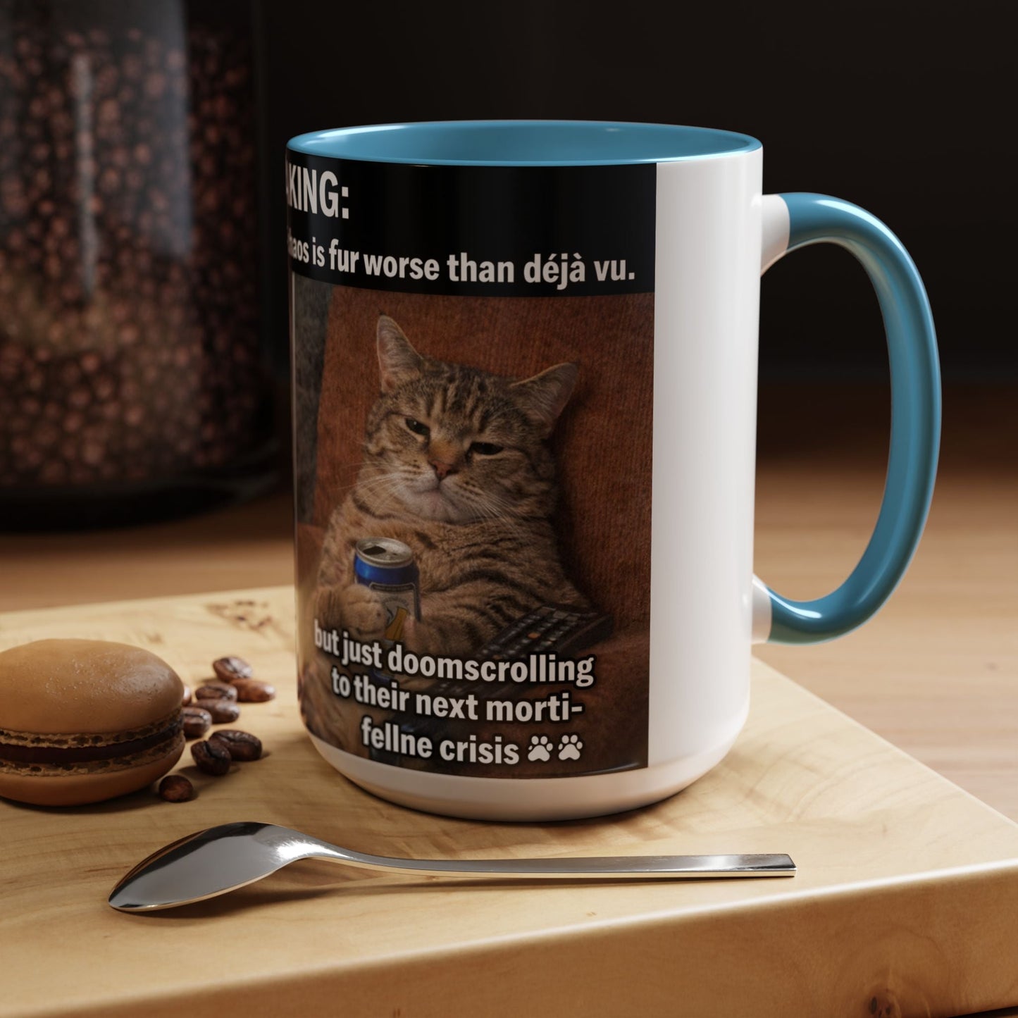 Coffee Mug - Funny Cat ‘Breaking: Politics Are Just Déjà Vu’ Meme Accent Mug (11/15oz) - FloofChonk