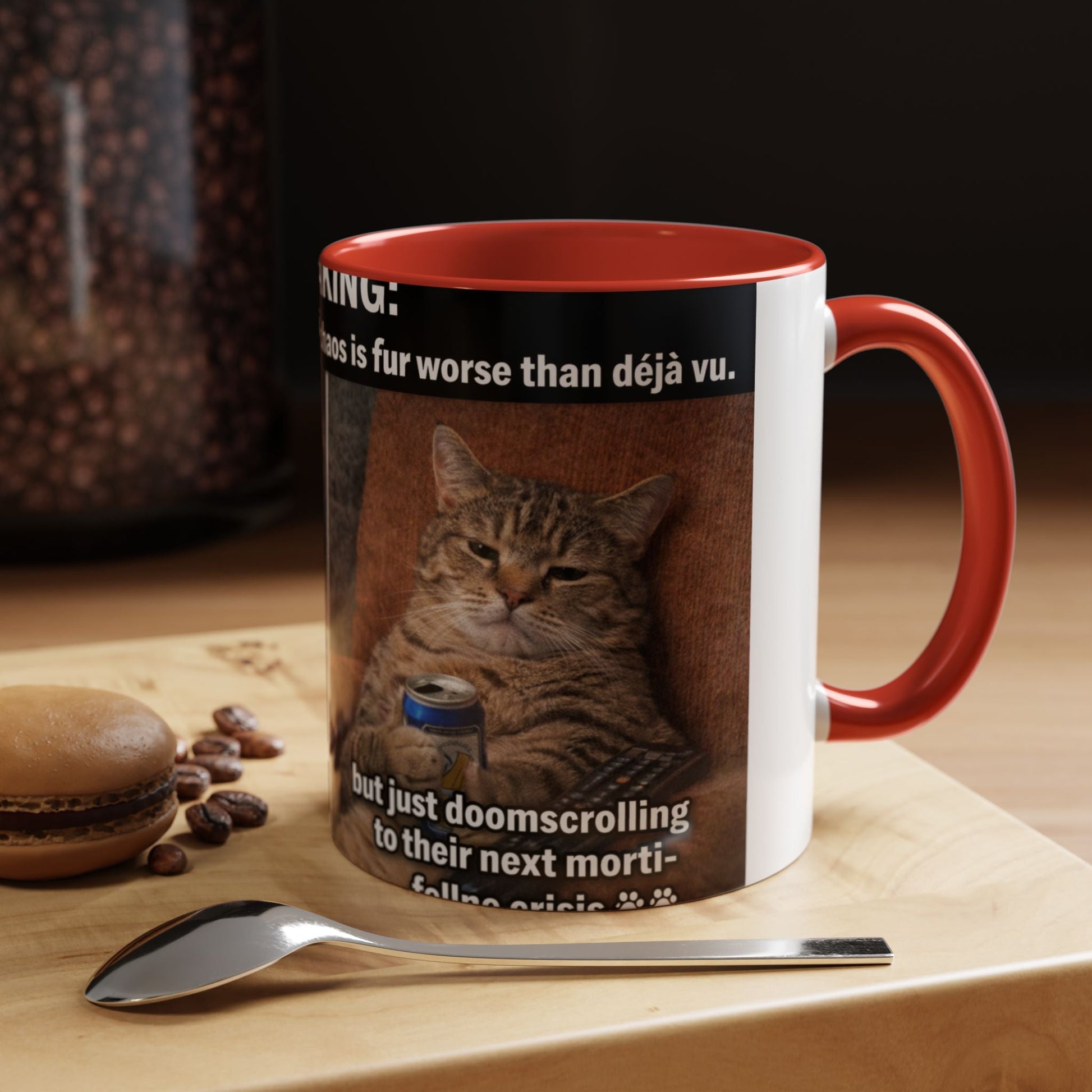 Coffee Mug - Funny Cat ‘Breaking: Politics Are Just Déjà Vu’ Meme Accent Mug (11/15oz) - FloofChonk