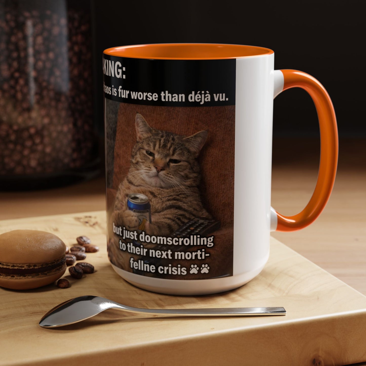 Coffee Mug - Funny Cat ‘Breaking: Politics Are Just Déjà Vu’ Meme Accent Mug (11/15oz) - FloofChonk