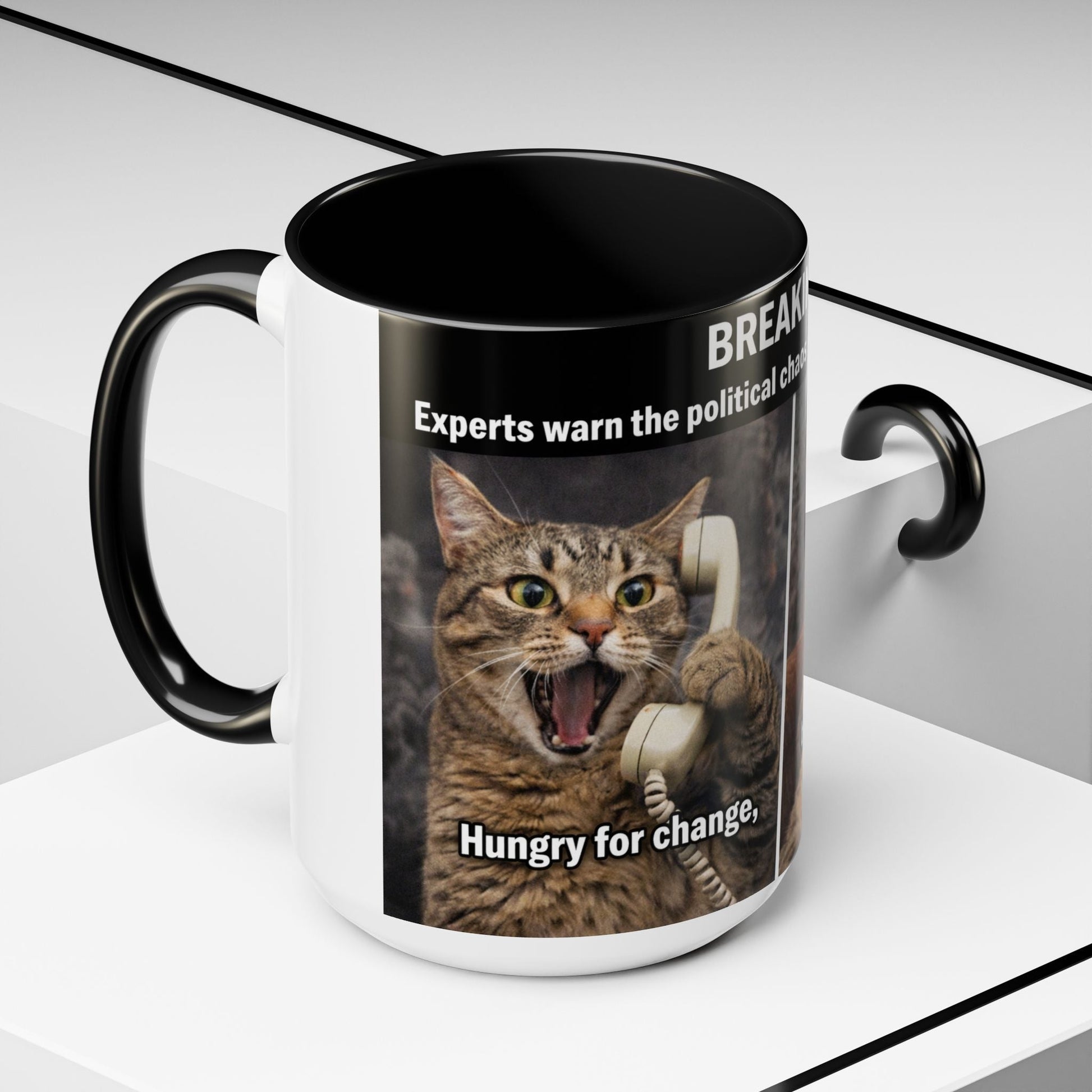 Coffee Mug - Funny Cat ‘Breaking: Politics Are Just Déjà Vu’ Meme Accent Mug (11/15oz) - FloofChonk