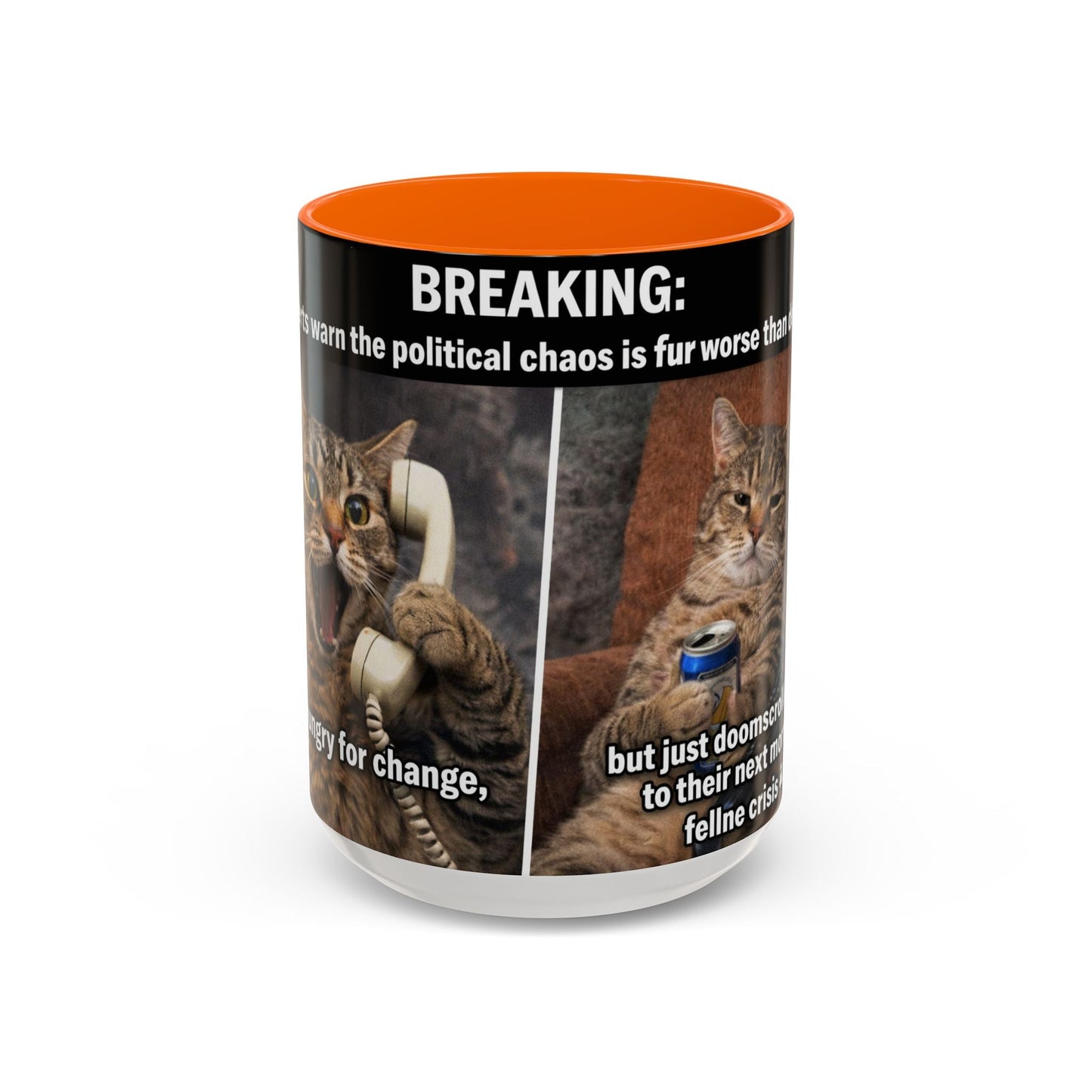 Coffee Mug - Funny Cat ‘Breaking: Politics Are Just Déjà Vu’ Meme Accent Mug (11/15oz) - FloofChonk