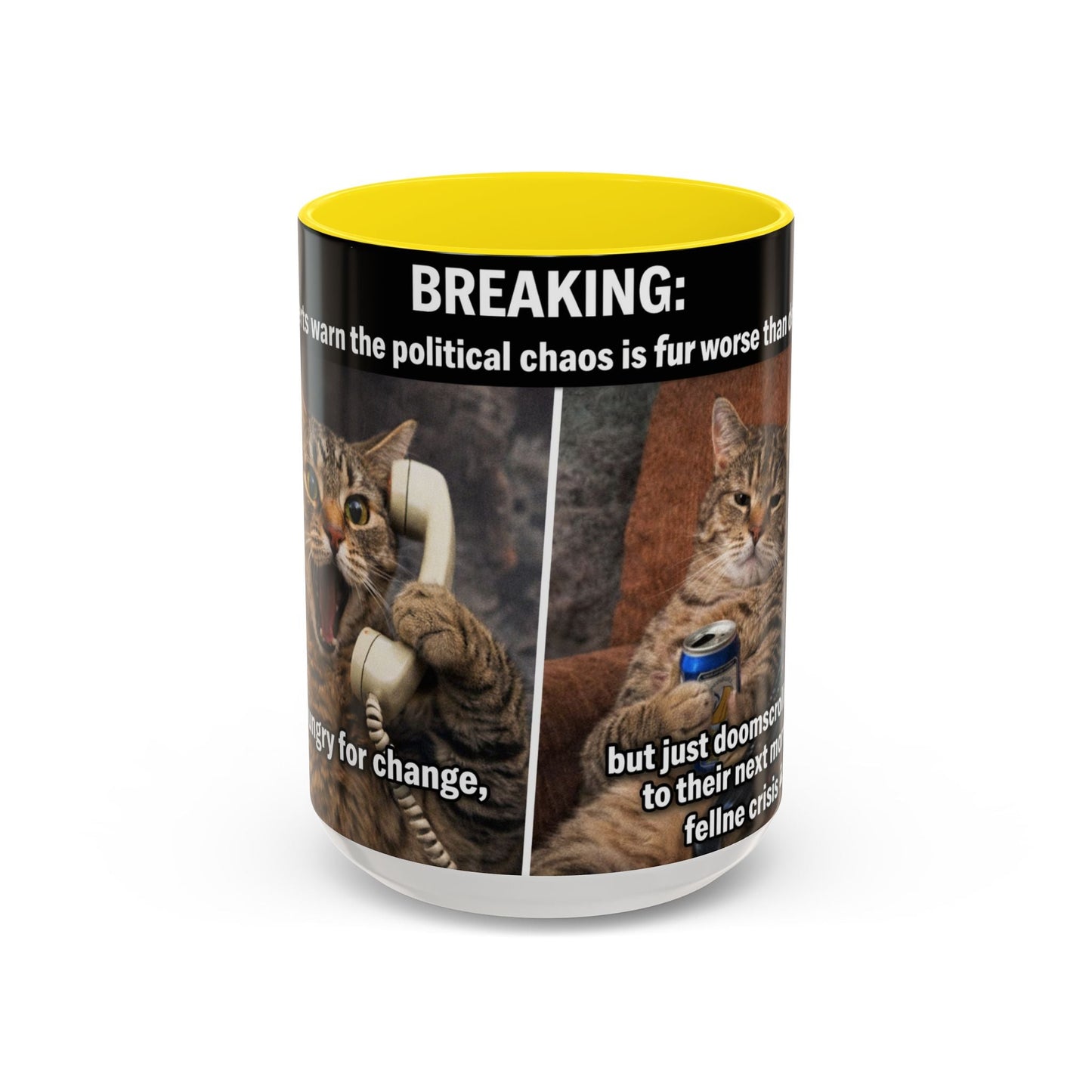 Coffee Mug - Funny Cat ‘Breaking: Politics Are Just Déjà Vu’ Meme Accent Mug (11/15oz) - FloofChonk