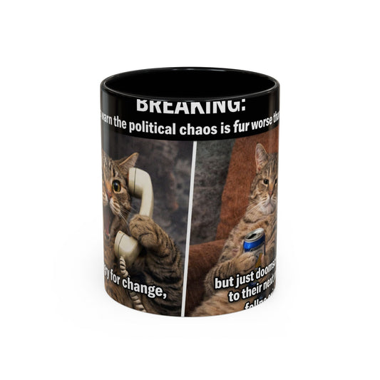 Coffee Mug - Funny Cat ‘Breaking: Politics Are Just Déjà Vu’ Meme Accent Mug (11/15oz) - FloofChonk