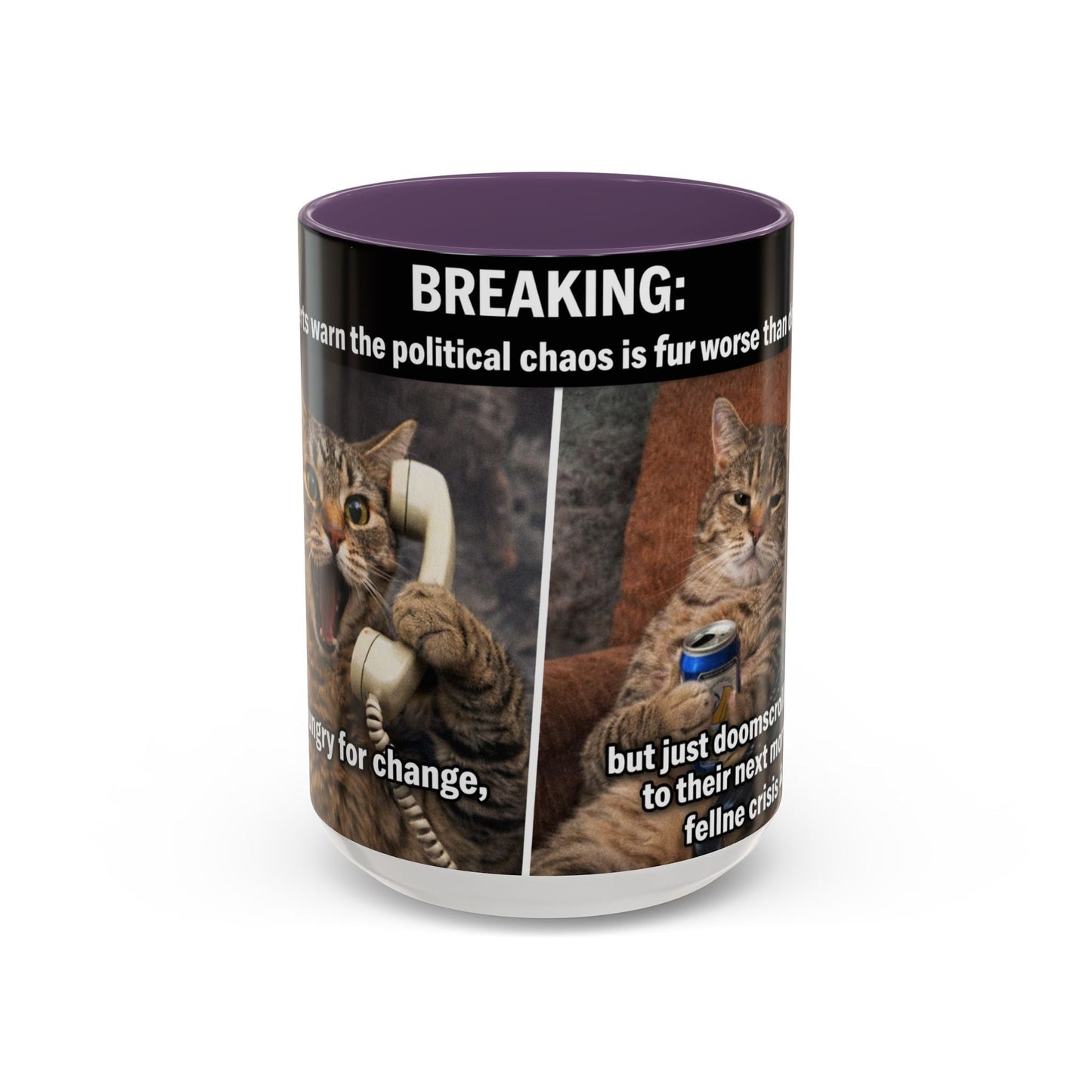 Coffee Mug - Funny Cat ‘Breaking: Politics Are Just Déjà Vu’ Meme Accent Mug (11/15oz) - FloofChonk