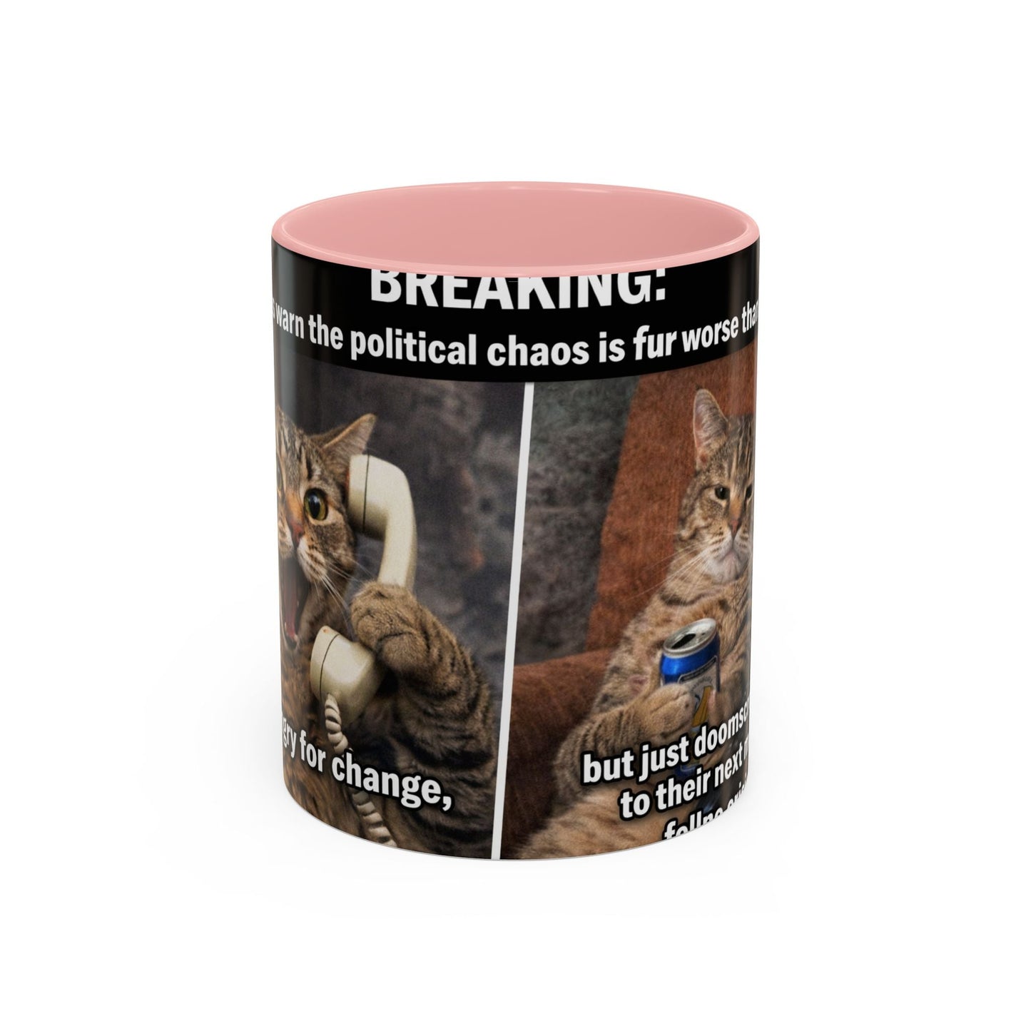 Coffee Mug - Funny Cat ‘Breaking: Politics Are Just Déjà Vu’ Meme Accent Mug (11/15oz) - FloofChonk