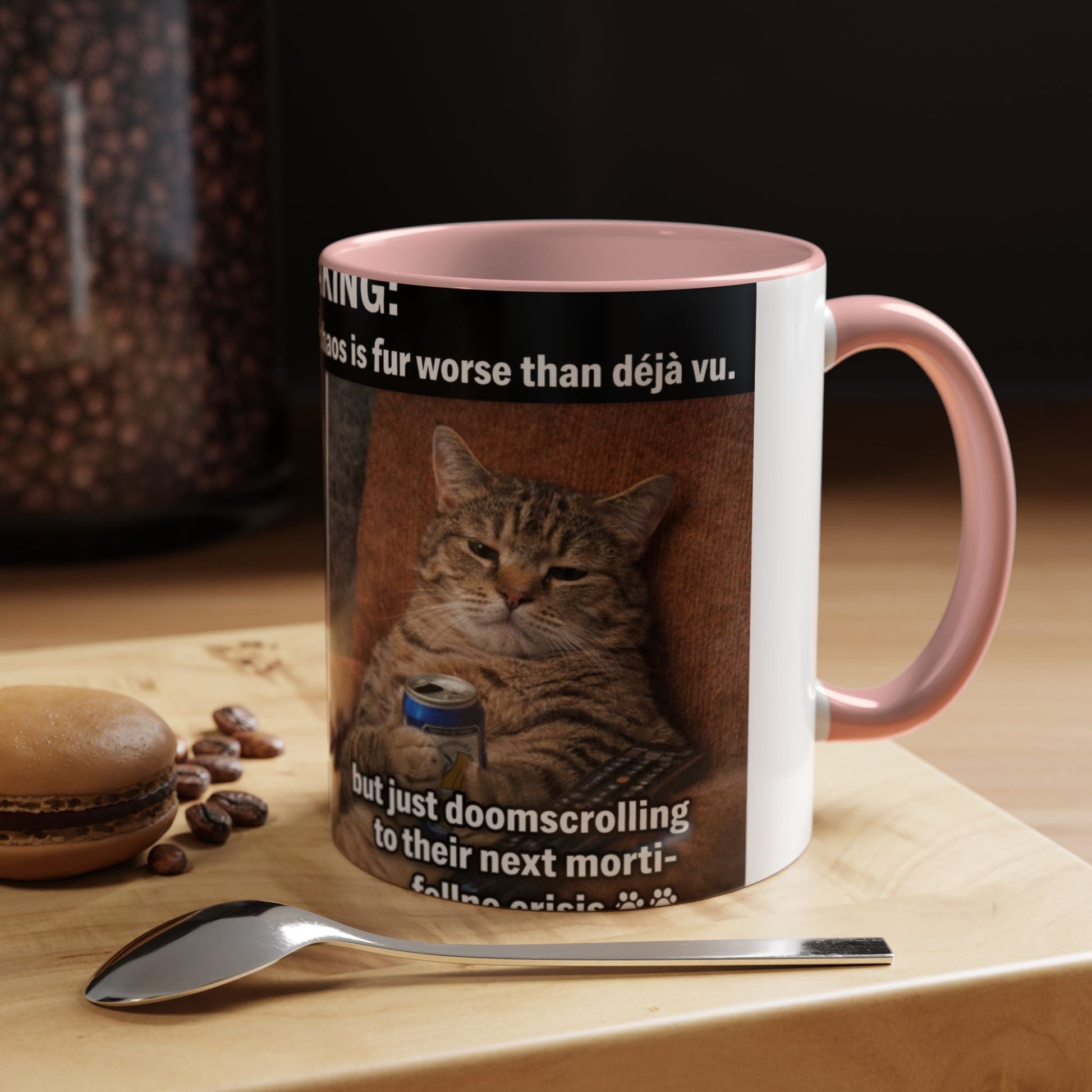 Coffee Mug - Funny Cat ‘Breaking: Politics Are Just Déjà Vu’ Meme Accent Mug (11/15oz) - FloofChonk