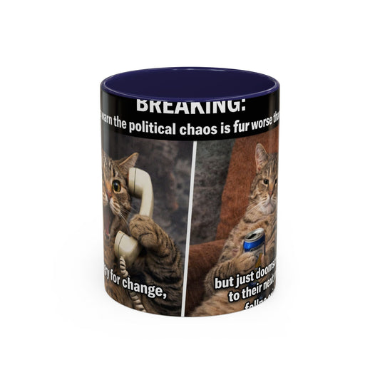 Coffee Mug - Funny Cat ‘Breaking: Politics Are Just Déjà Vu’ Meme Accent Mug (11/15oz) - FloofChonk