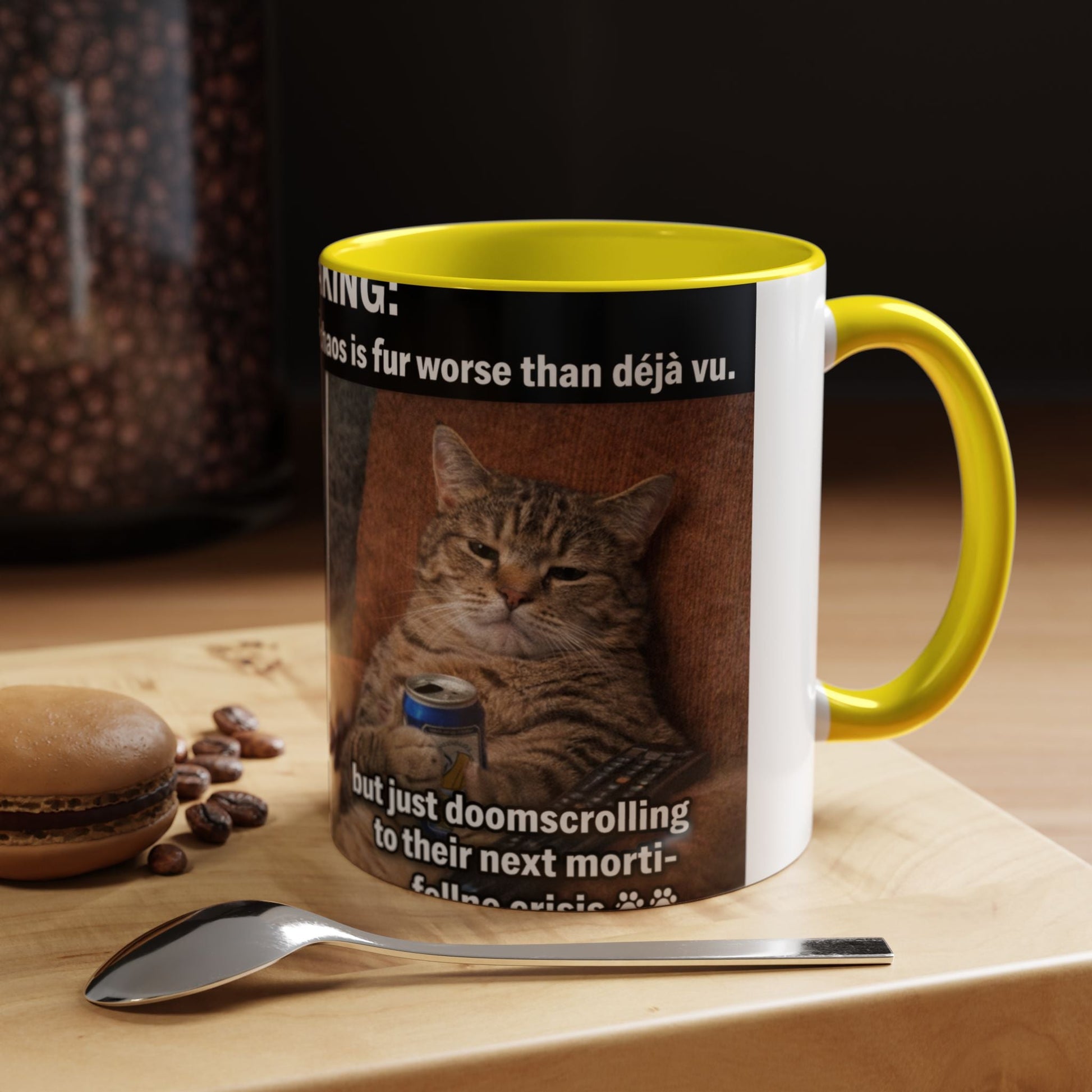 Coffee Mug - Funny Cat ‘Breaking: Politics Are Just Déjà Vu’ Meme Accent Mug (11/15oz) - FloofChonk