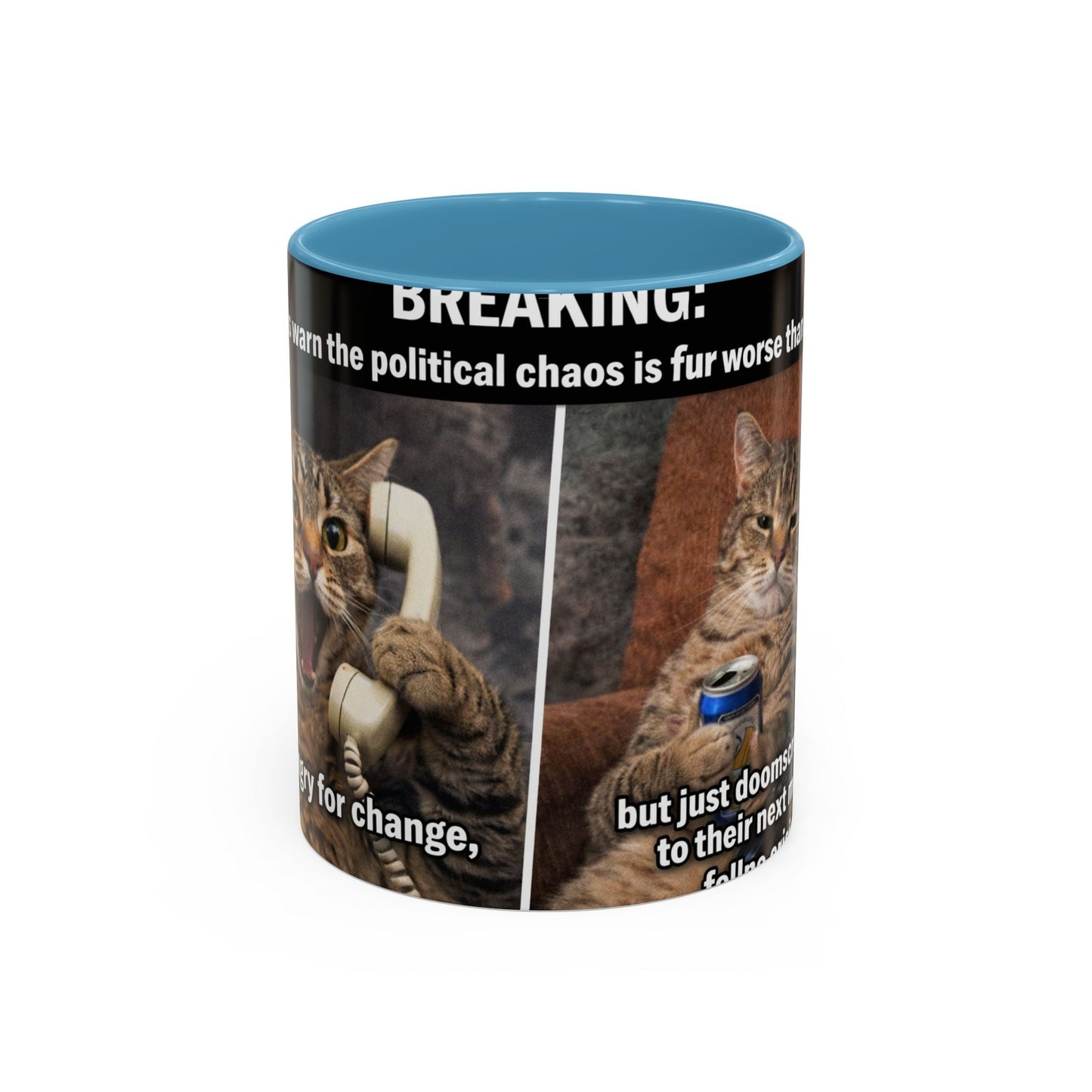 Coffee Mug - Funny Cat ‘Breaking: Politics Are Just Déjà Vu’ Meme Accent Mug (11/15oz) - FloofChonk