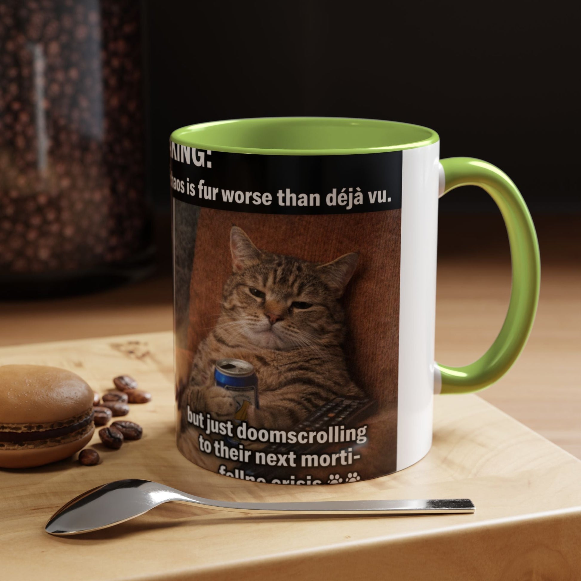 Coffee Mug - Funny Cat ‘Breaking: Politics Are Just Déjà Vu’ Meme Accent Mug (11/15oz) - FloofChonk