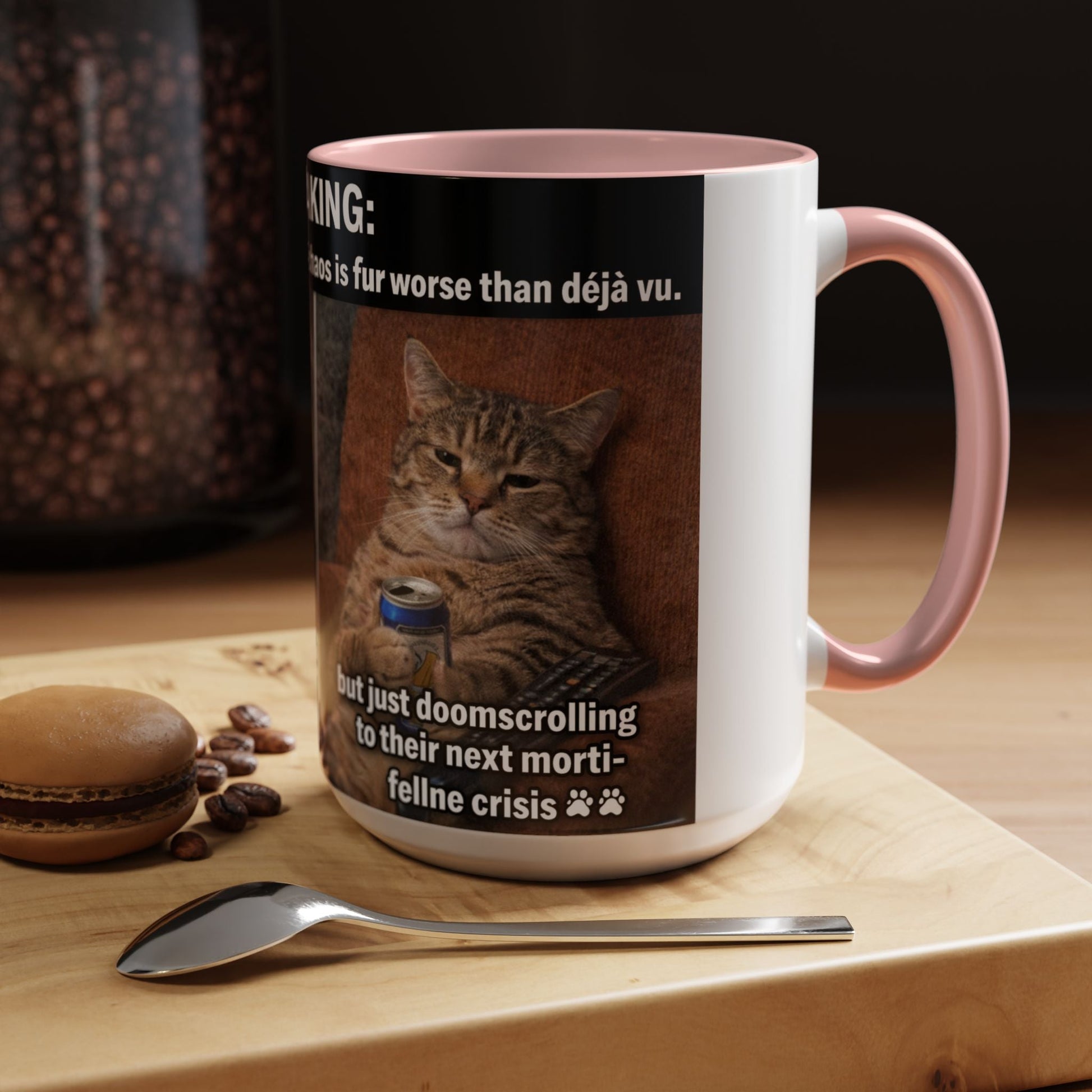 Coffee Mug - Funny Cat ‘Breaking: Politics Are Just Déjà Vu’ Meme Accent Mug (11/15oz) - FloofChonk