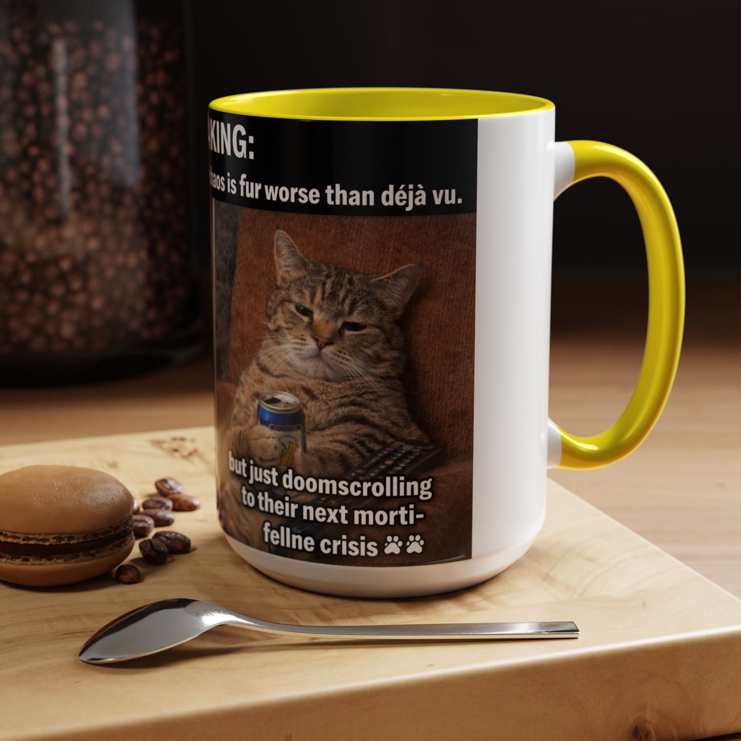 Coffee Mug - Funny Cat ‘Breaking: Politics Are Just Déjà Vu’ Meme Accent Mug (11/15oz) - FloofChonk