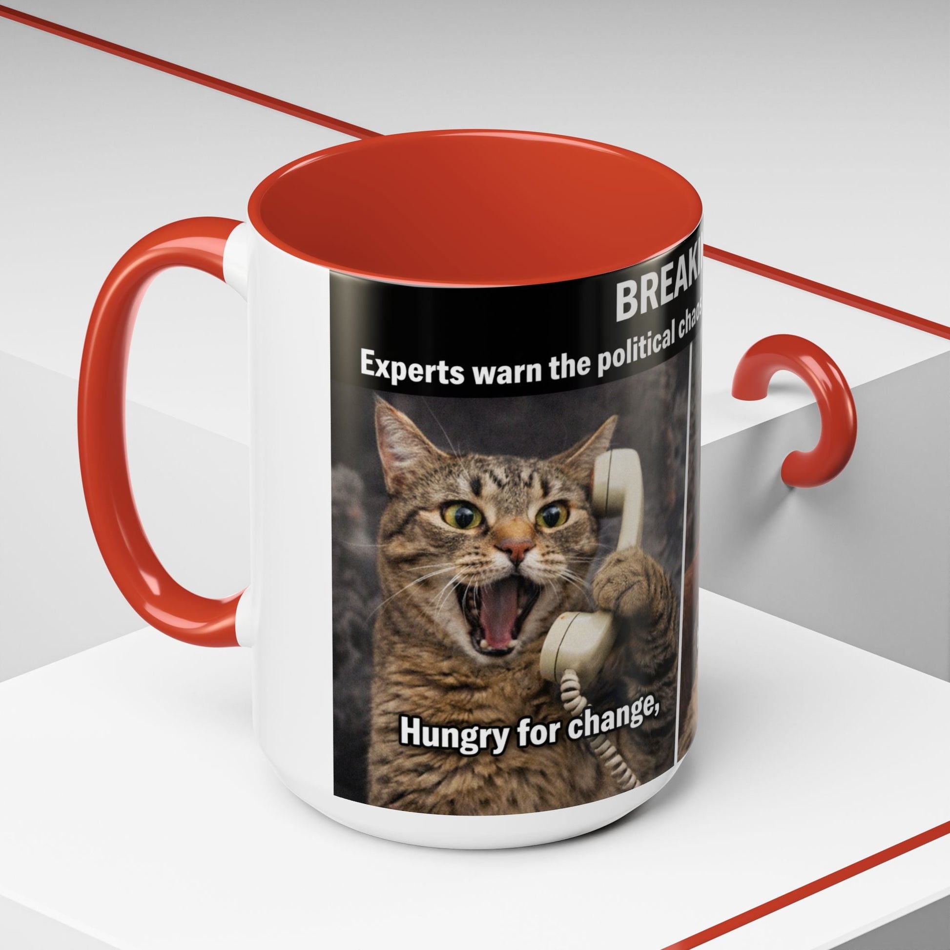 Coffee Mug - Funny Cat ‘Breaking: Politics Are Just Déjà Vu’ Meme Accent Mug (11/15oz) - FloofChonk