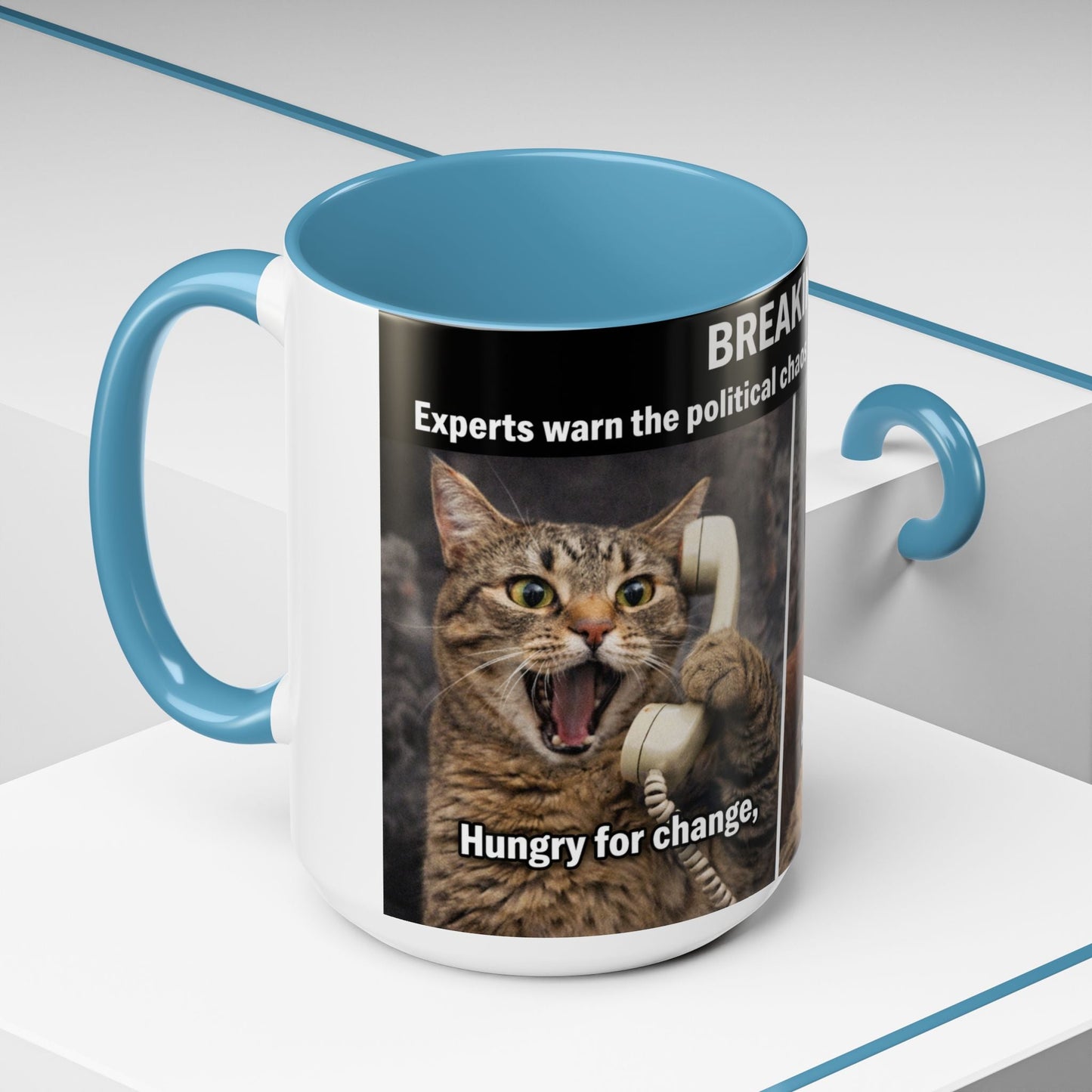 Coffee Mug - Funny Cat ‘Breaking: Politics Are Just Déjà Vu’ Meme Accent Mug (11/15oz) - FloofChonk