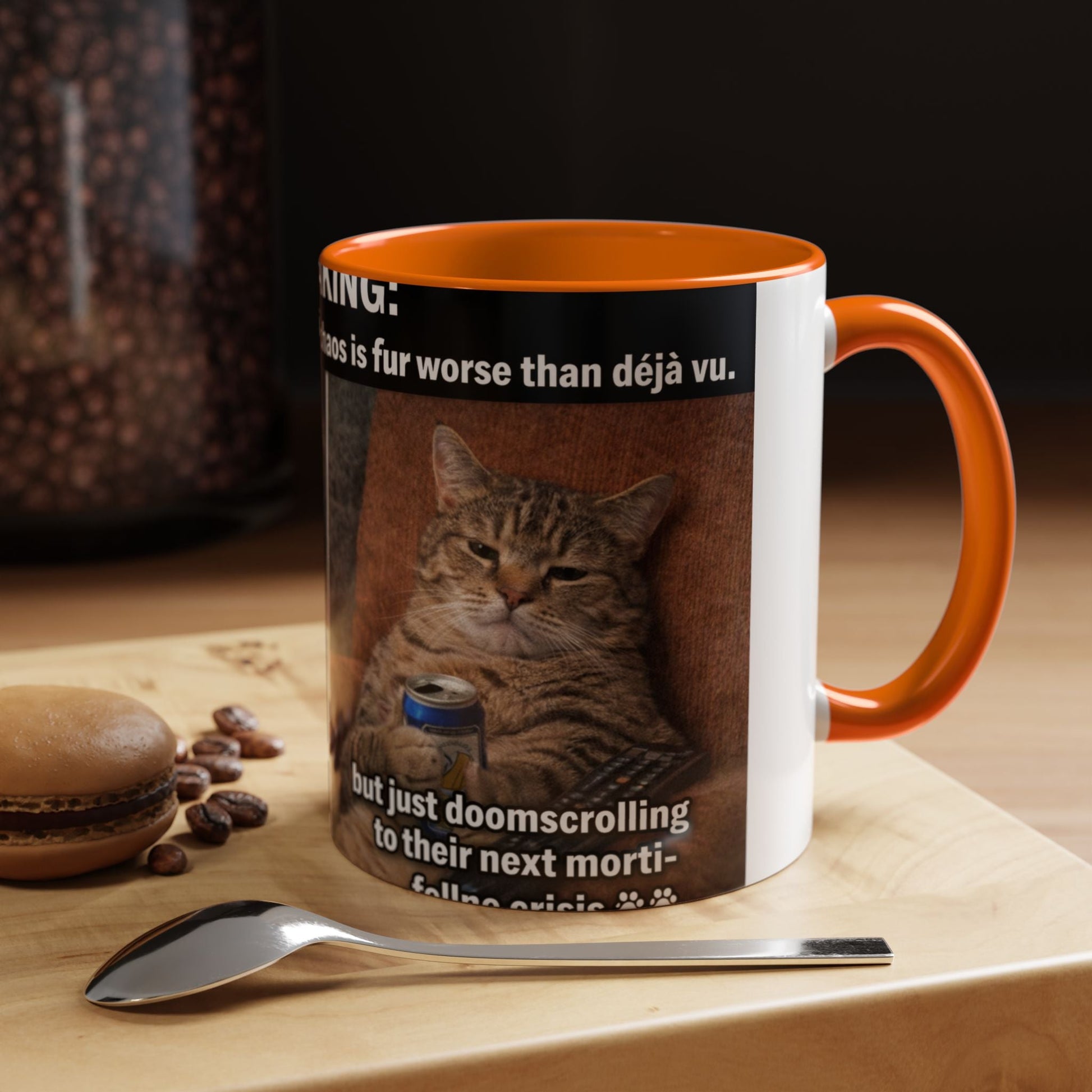 Coffee Mug - Funny Cat ‘Breaking: Politics Are Just Déjà Vu’ Meme Accent Mug (11/15oz) - FloofChonk