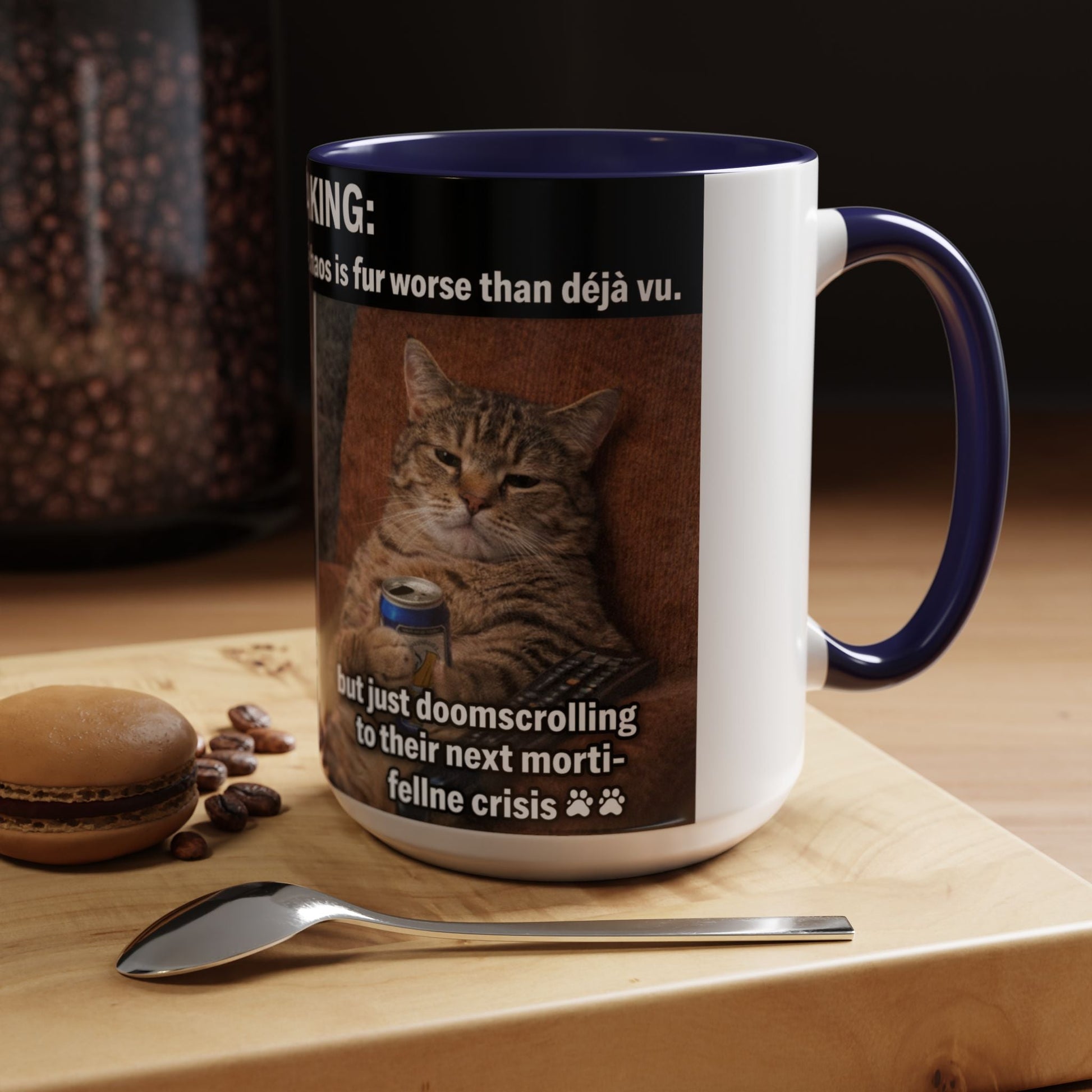 Coffee Mug - Funny Cat ‘Breaking: Politics Are Just Déjà Vu’ Meme Accent Mug (11/15oz) - FloofChonk