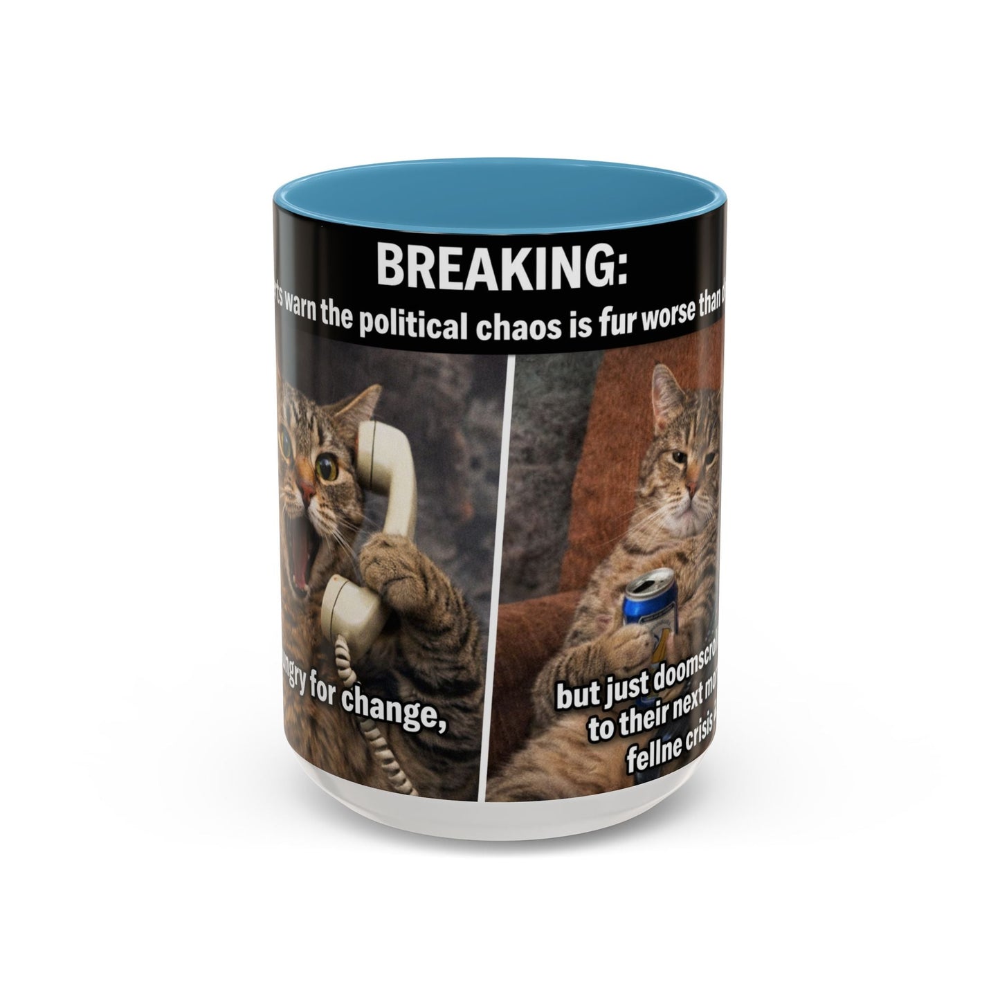 Coffee Mug - Funny Cat ‘Breaking: Politics Are Just Déjà Vu’ Meme Accent Mug (11/15oz) - FloofChonk