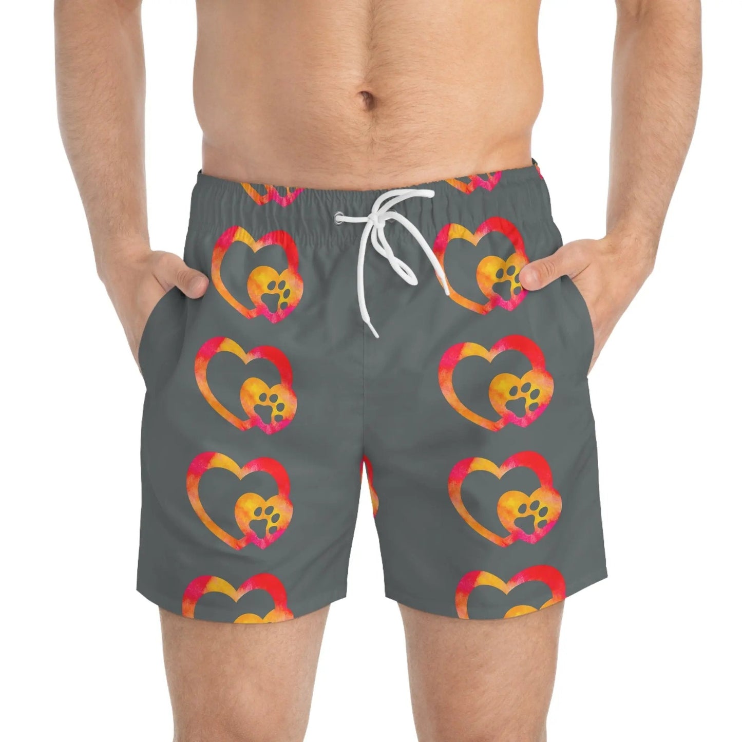 Colorful Heart & Paw Print Swim Trunks - FloofChonk