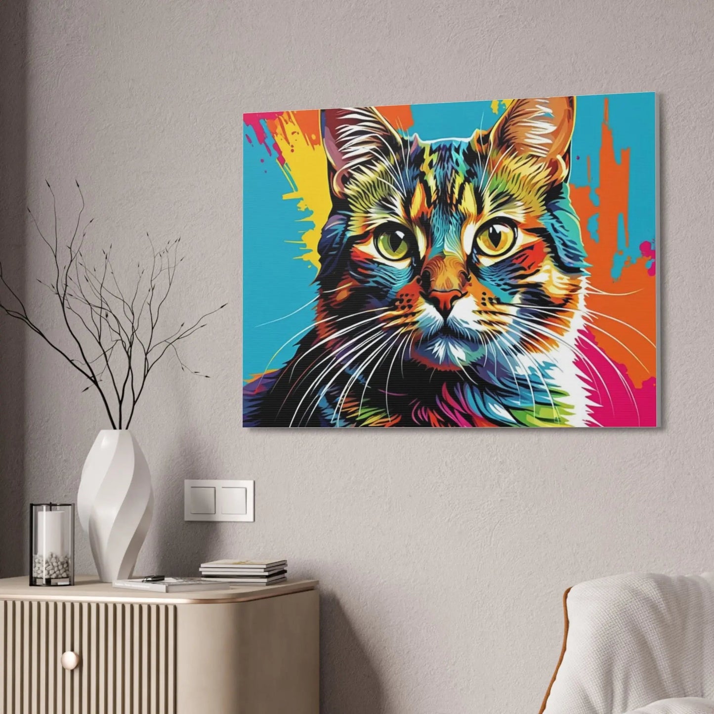 Colorful Pop Art Cat Canvas – Vibrant Stretched Wall Art - FloofChonk
