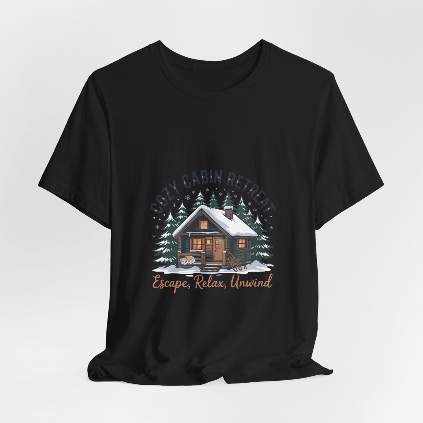 Cozy Cabin Retreat Tee | cabin vibes shirt, mountain silhouette design - FloofChonk