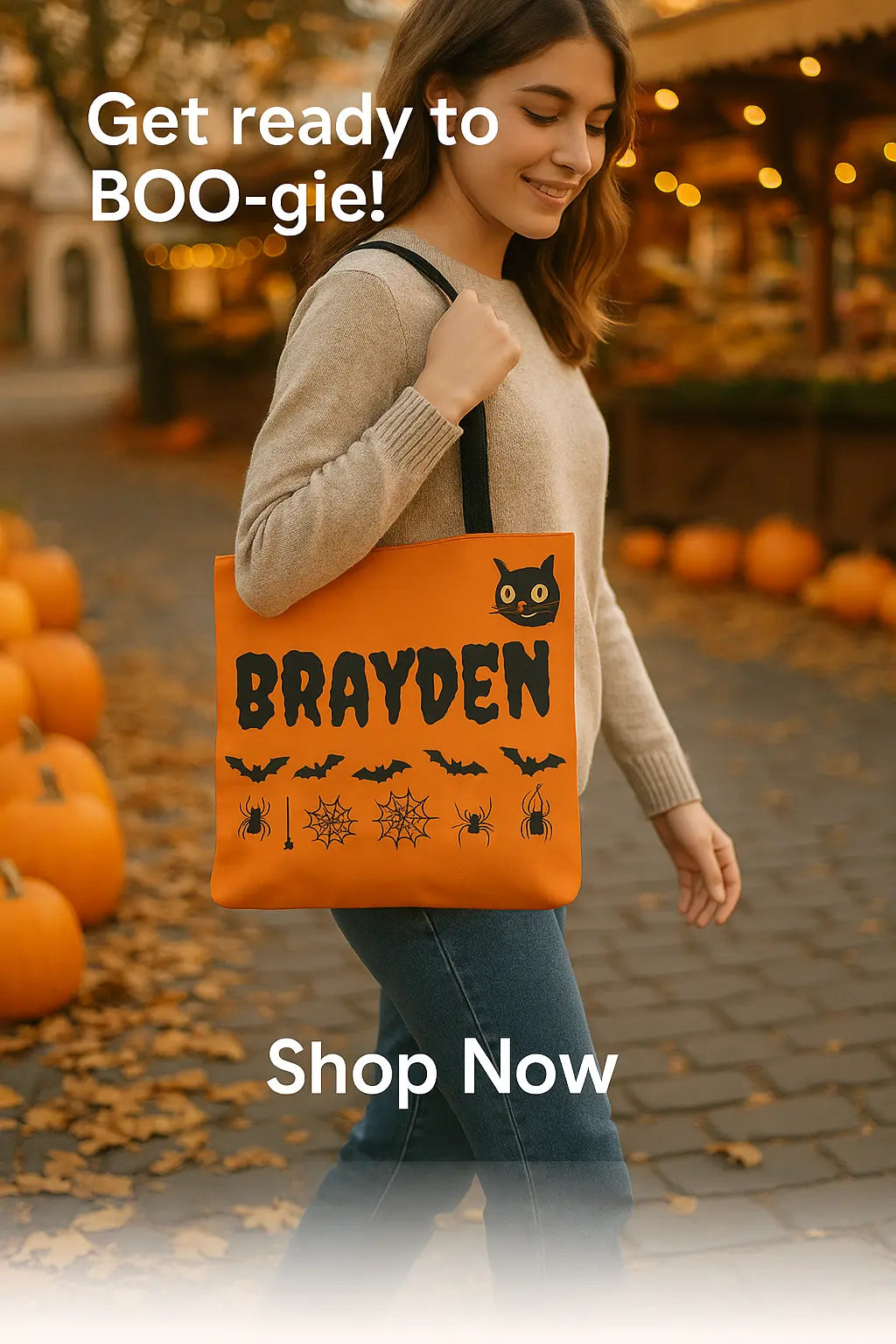 Halloween Personalized Tote Bag, Spooky Shopping Bag, Custom Trick or Treat Bag, Unique Fall Gift, Cat and Skull Design Printify
