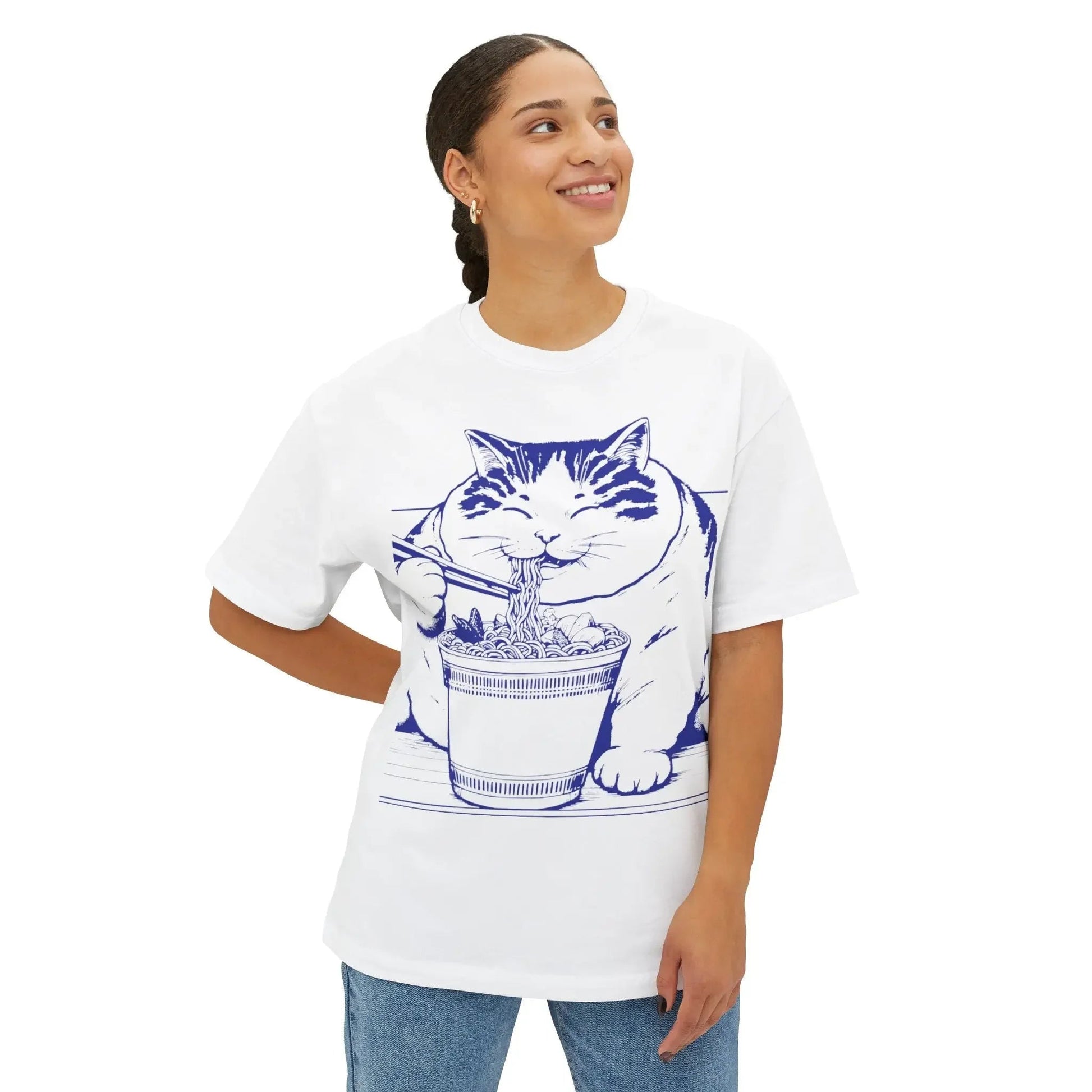 Cute Cat Noodle Lover Tee, Unisex Oversized Boxy Tee, Cat Lover Gift - FloofChonk