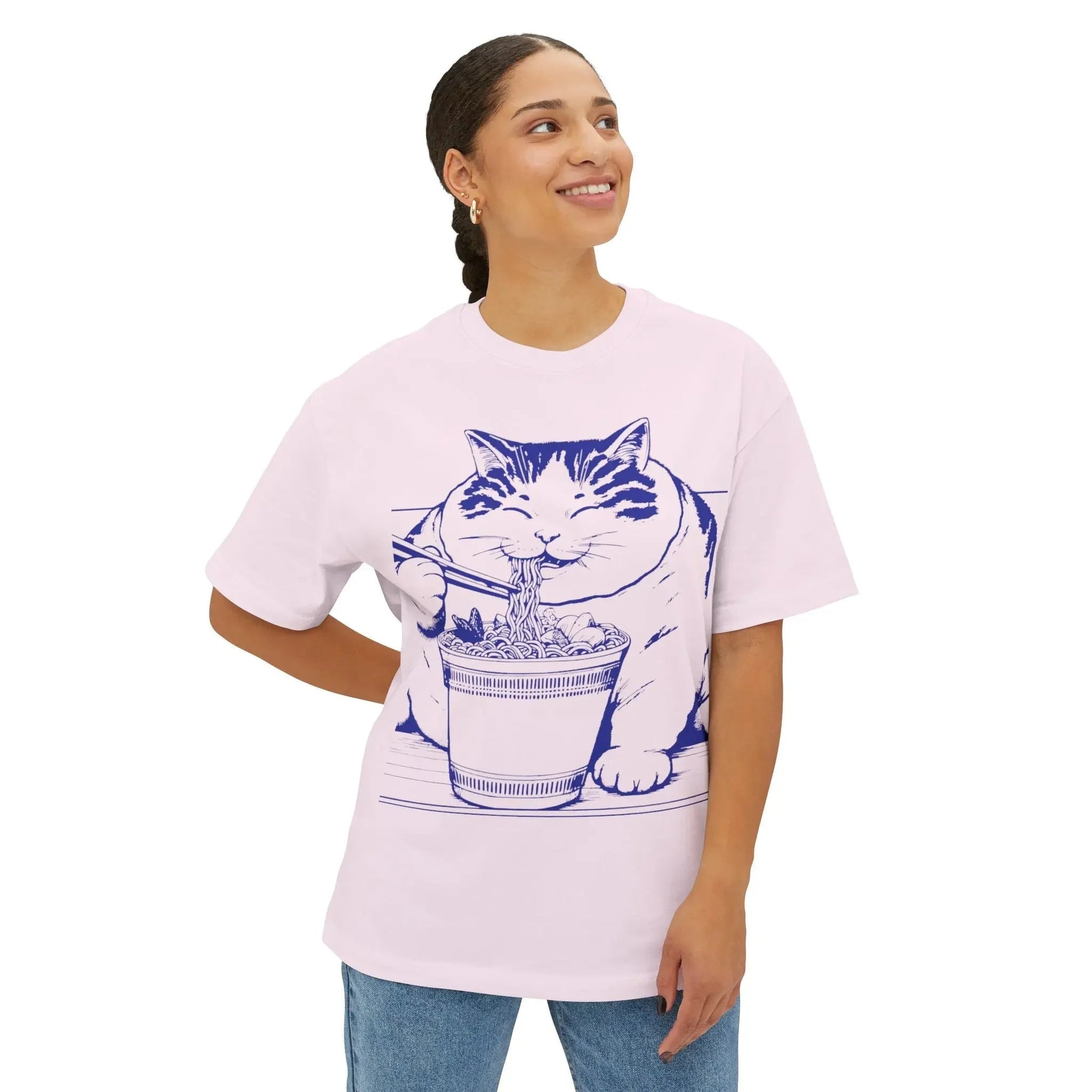 Cute Cat Noodle Lover Tee, Unisex Oversized Boxy Tee, Cat Lover Gift - FloofChonk