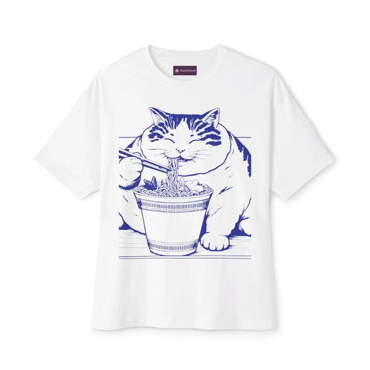 Cute Cat Noodle Lover Tee, Unisex Oversized Boxy Tee, Cat Lover Gift - FloofChonk