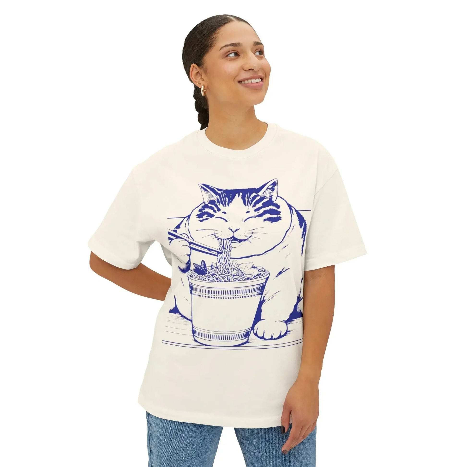 Cute Cat Noodle Lover Tee, Unisex Oversized Boxy Tee, Cat Lover Gift - FloofChonk