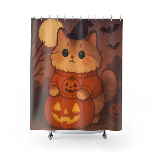 Cute Halloween Cat Shower Curtain - Cozy Bathroom Decor, Fall Home Accessory - FloofChonk