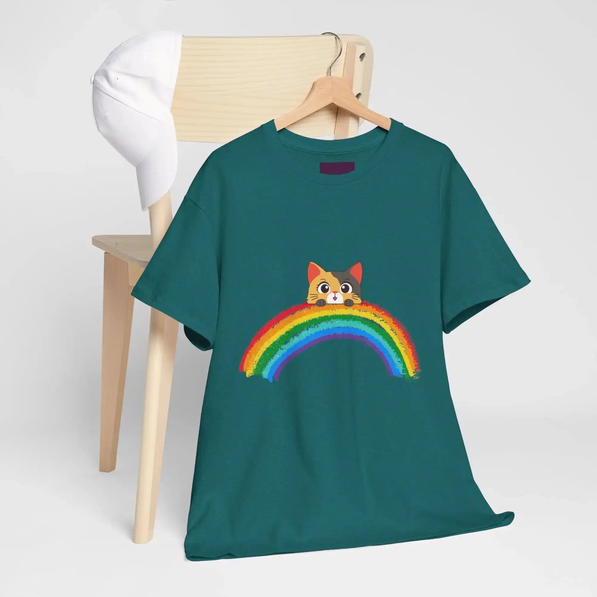 Cute Rainbow Cat Unisex Heavy Cotton Tee, Cat Lover Gift, Rainbow T-Shirt, Cute Animal Tee, Pet Owner Apparel, Fun Summer Shirt - FloofChonk