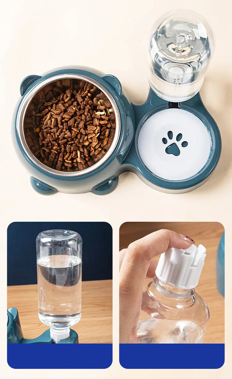 Cat Food And Water Bowl Set - 16 Degree Tilted Dog Dish With Water Dispenser Removable Pet Feeder Bowl Dog Drinking