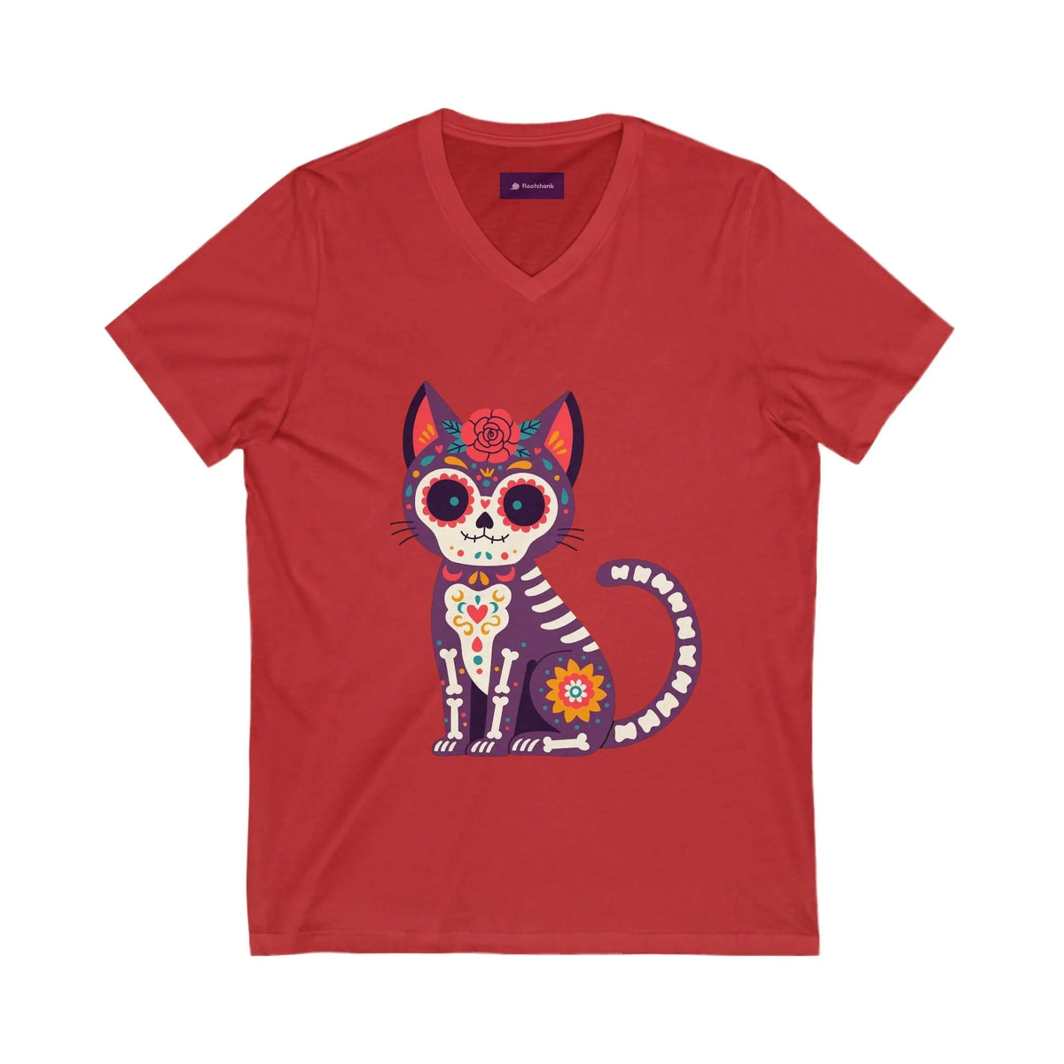 Dia de los Muertos Cat V-Neck Tee, Casual Cat Lover Shirt, Halloween Gift, Day of the Dead Top, Unique Animal Graphic Tee - FloofChonk