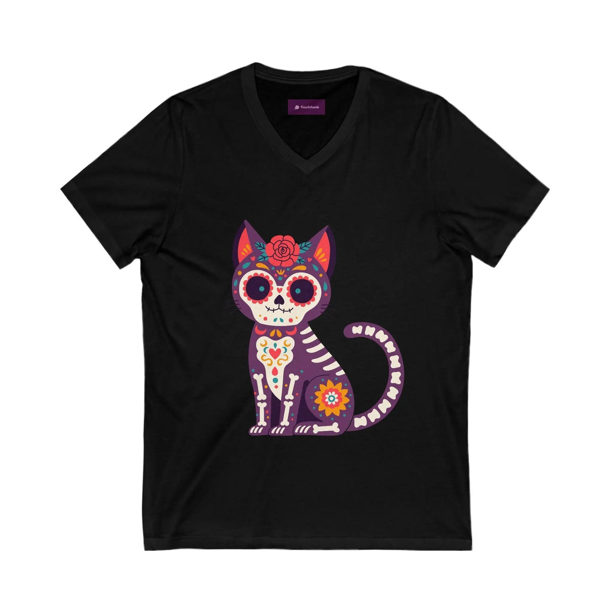Dia de los Muertos Cat V-Neck Tee, Casual Cat Lover Shirt, Halloween Gift, Day of the Dead Top, Unique Animal Graphic Tee - FloofChonk