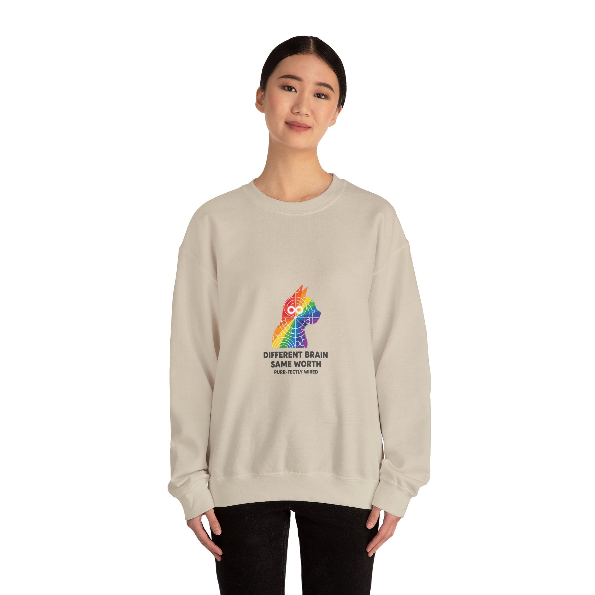 Different Brain Same Worth Crewneck Sweatshirt | neurodiversity, autistic pride - FloofChonk