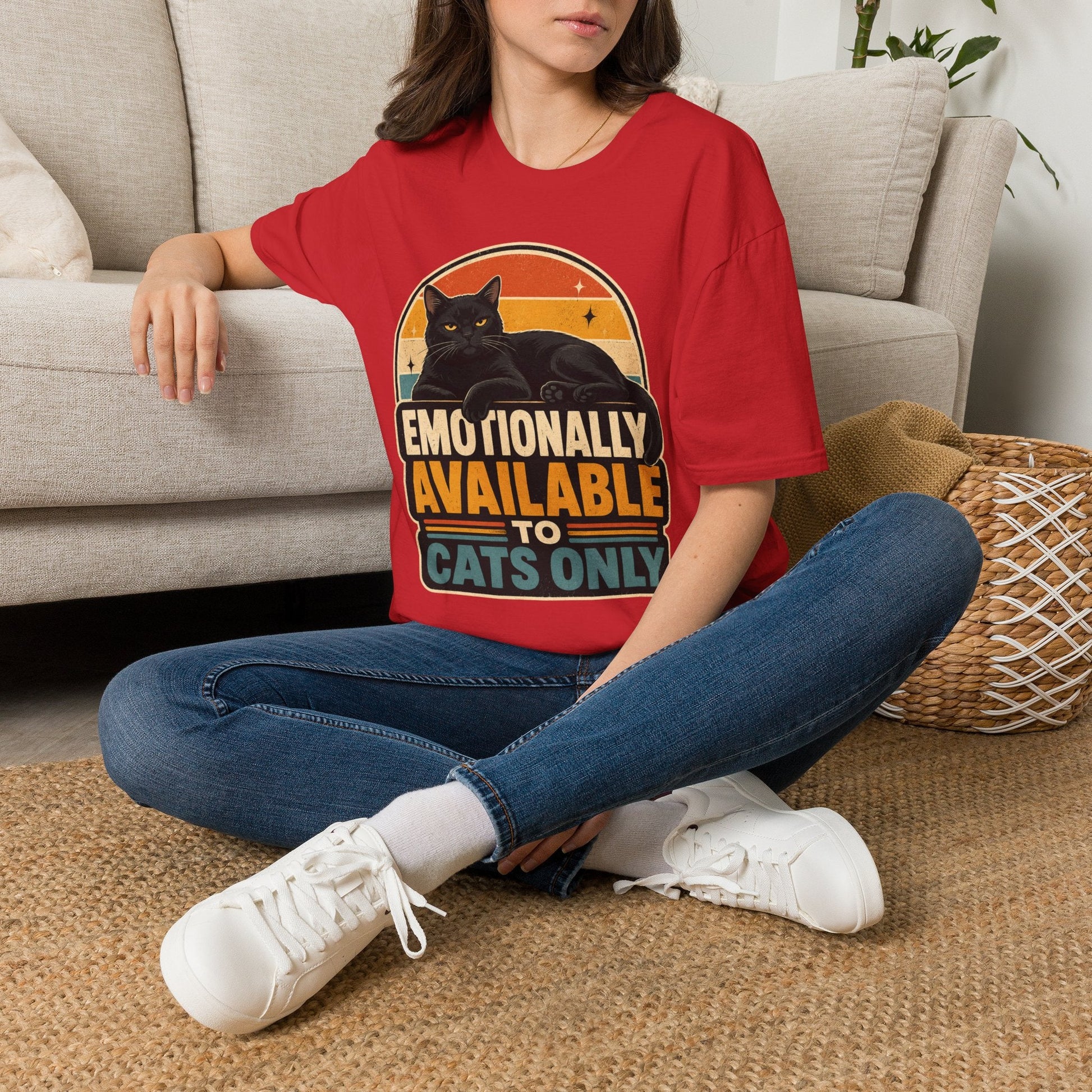Emotionally Available to Cats Only T-Shirt — Retro Black Cat Graphic Tee - FloofChonk