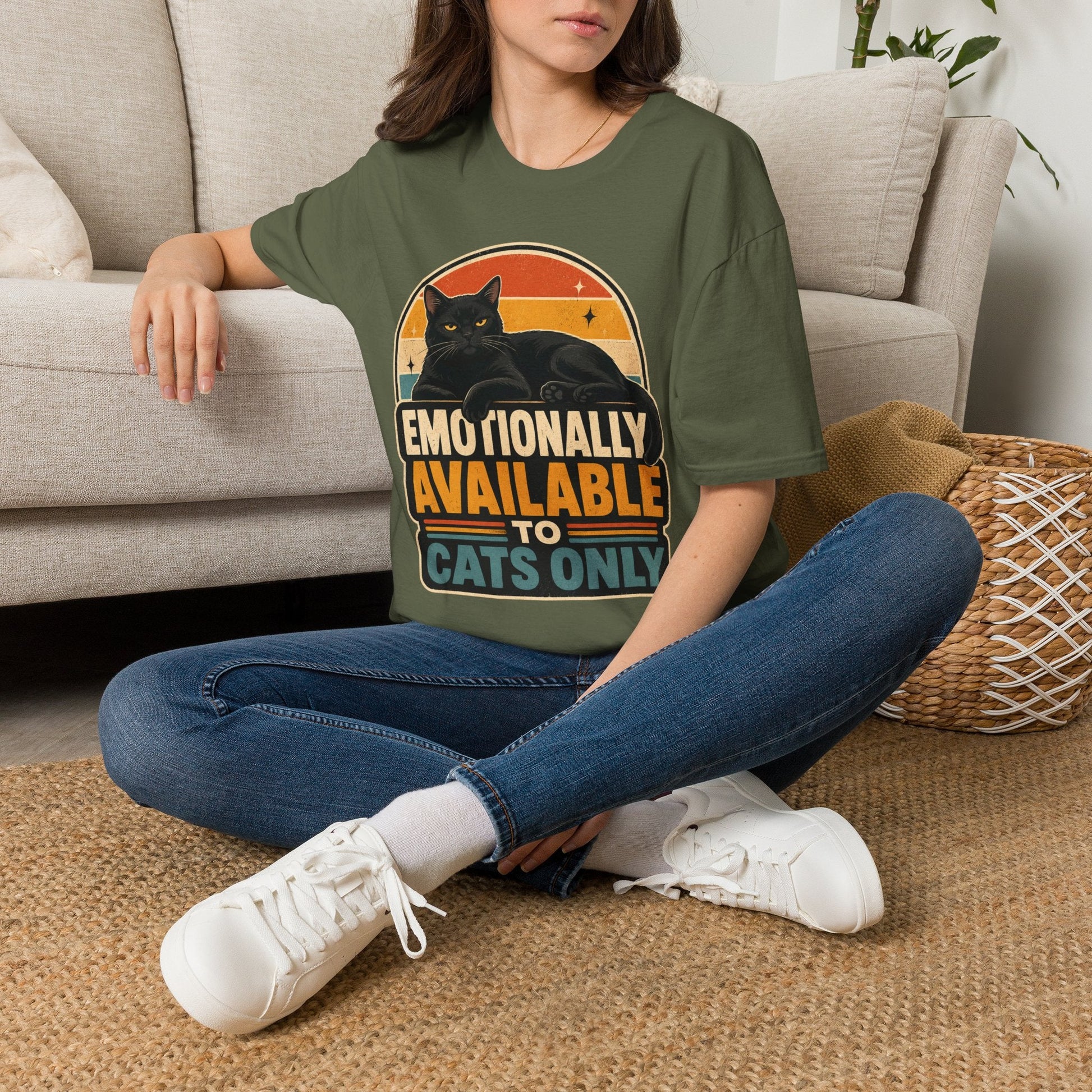 Emotionally Available to Cats Only T-Shirt — Retro Black Cat Graphic Tee - FloofChonk