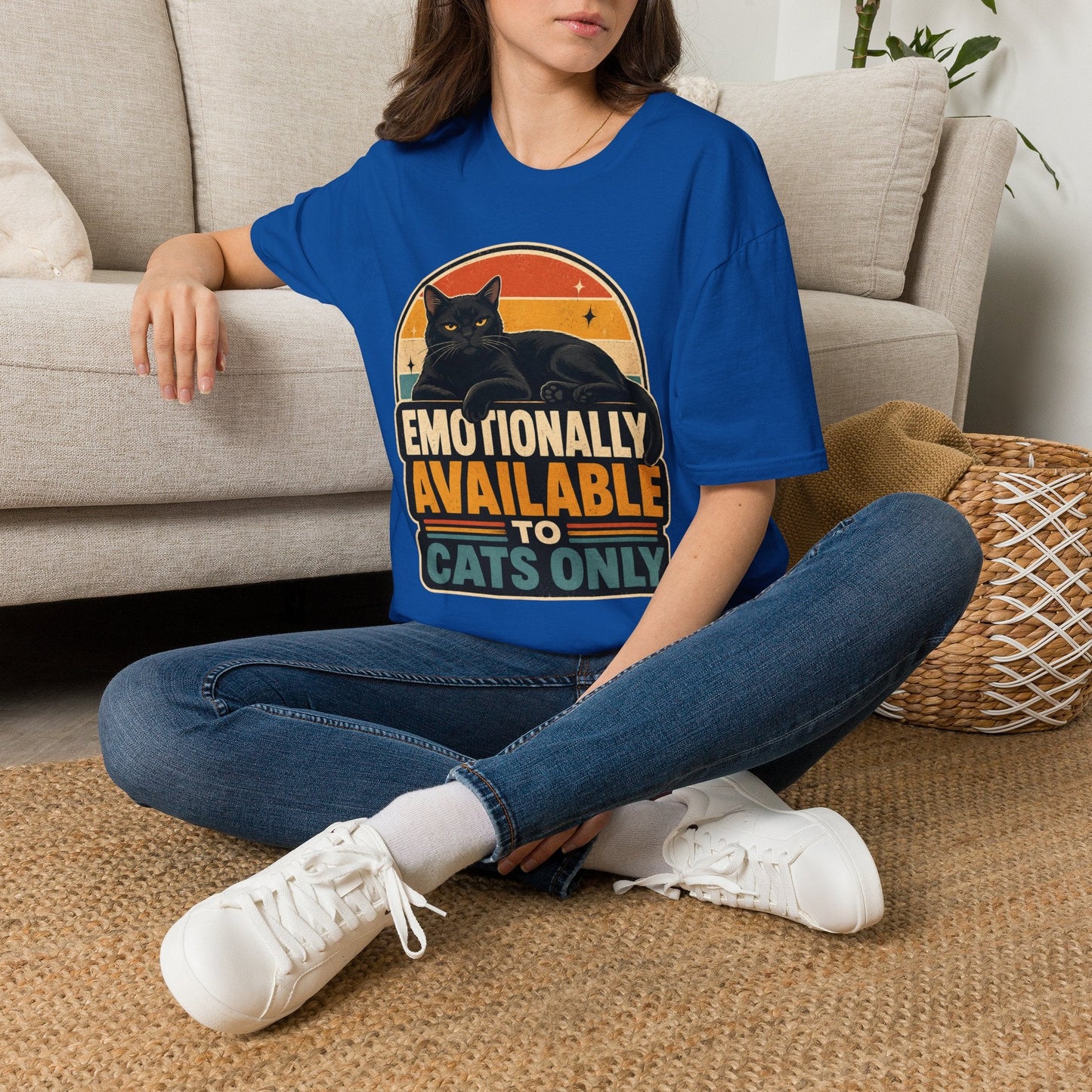 Emotionally Available to Cats Only T-Shirt — Retro Black Cat Graphic Tee - FloofChonk