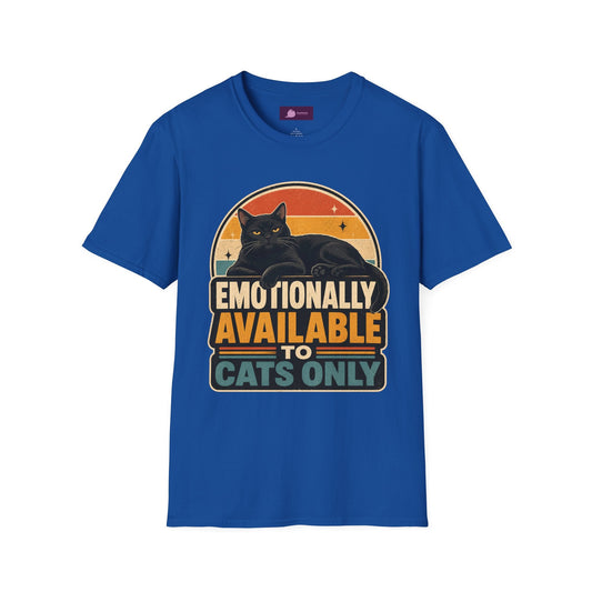 Emotionally Available to Cats Only T-Shirt — Retro Black Cat Graphic Tee - FloofChonk