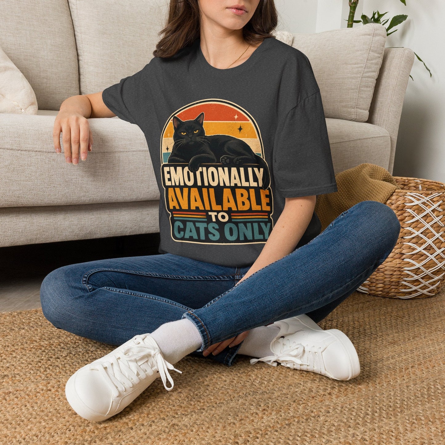 Emotionally Available to Cats Only T-Shirt — Retro Black Cat Graphic Tee - FloofChonk